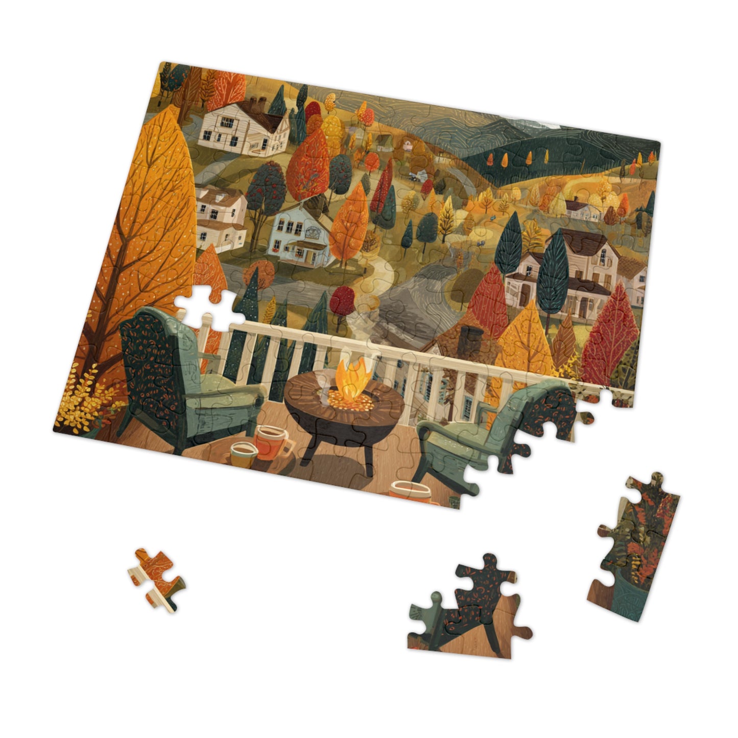 Autumn Porch Scene Jigsaw Puzzle with Tin — Cozy Fall Landscape 500pc