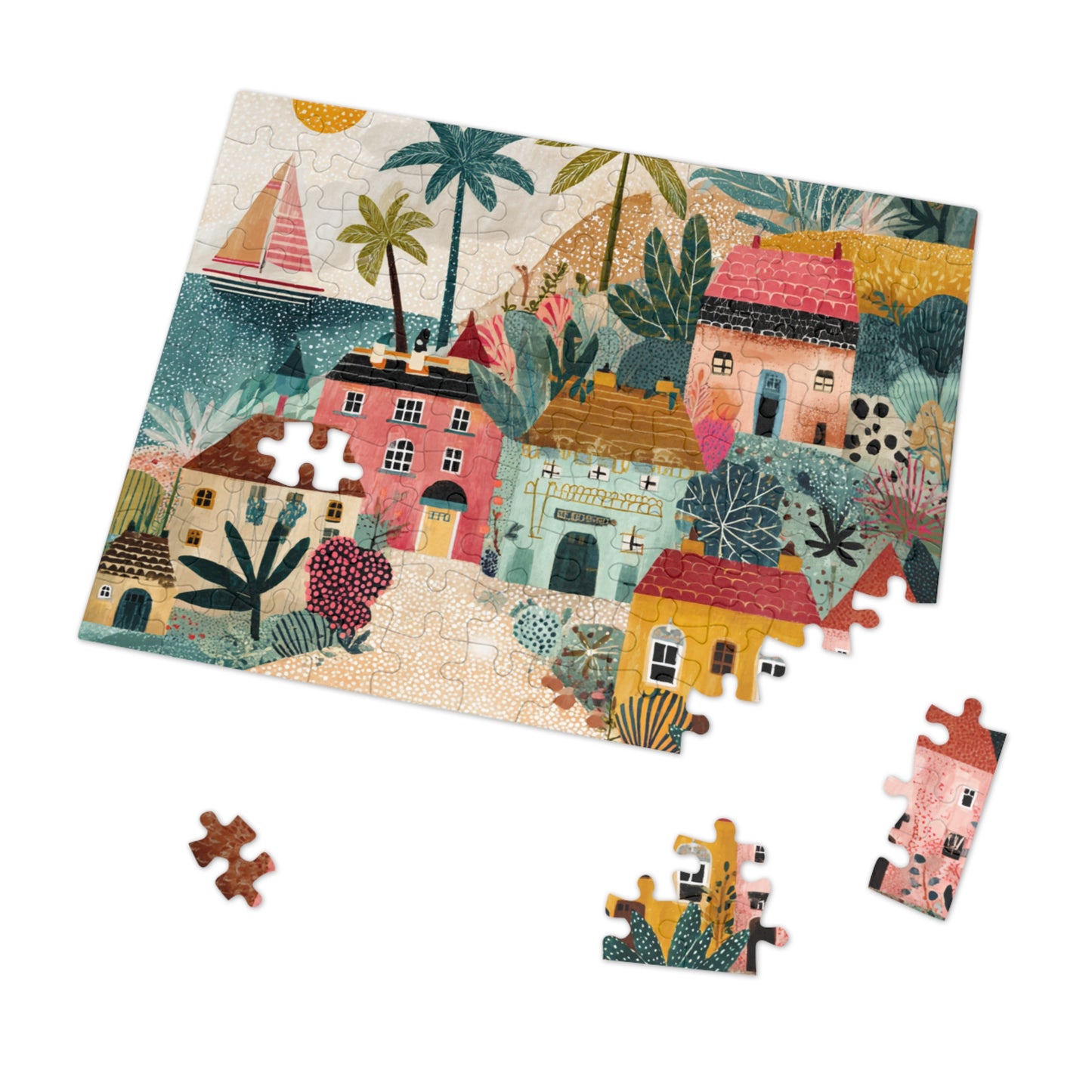 Colorful Coastal Village Jigsaw Puzzle with Tin – Fun Family Activity, Whimsical Folk Art Puzzle, Gift for All Ages