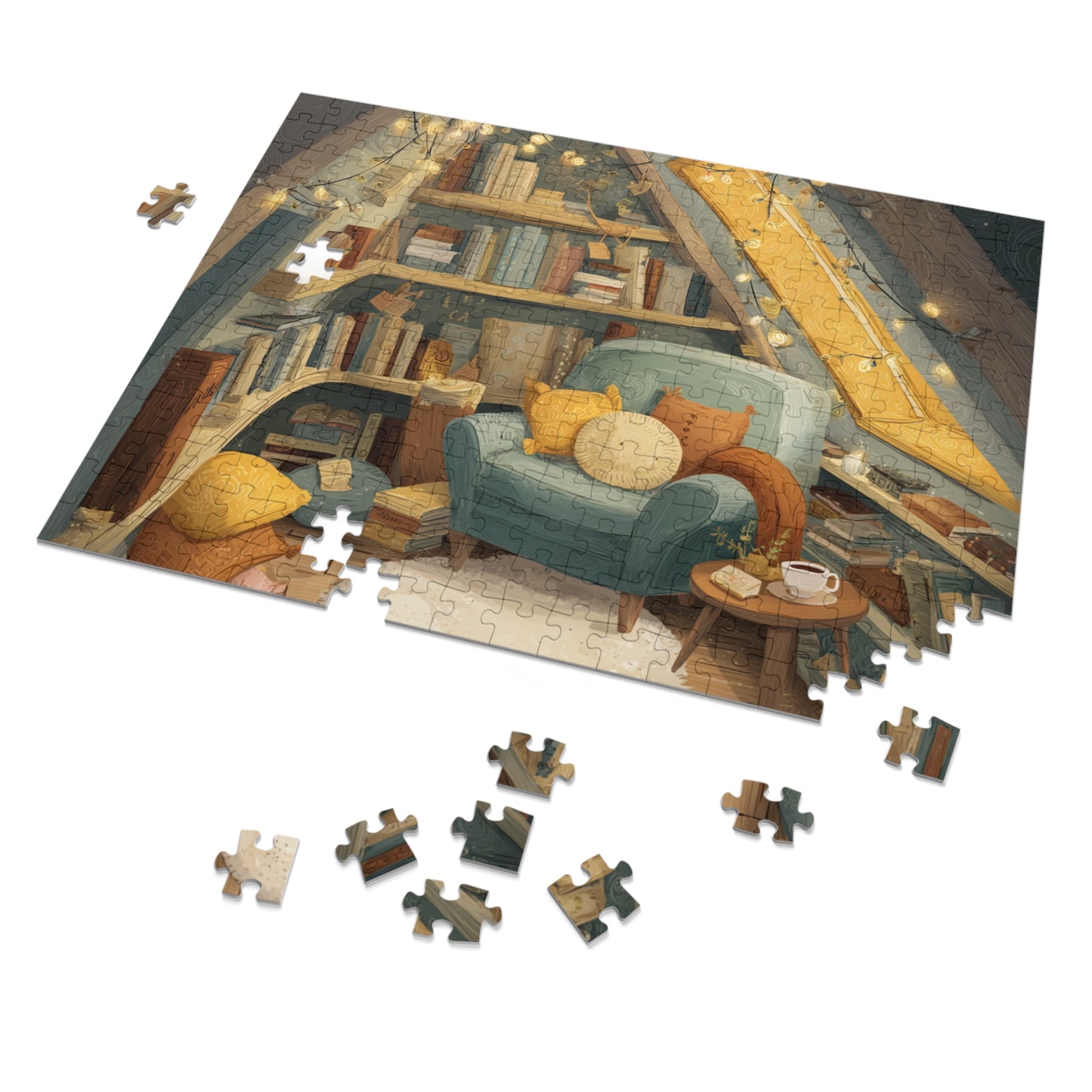 Cozy Reading Nook Jigsaw Puzzle (with Tin) — Warm Attic Books & Tea Scene