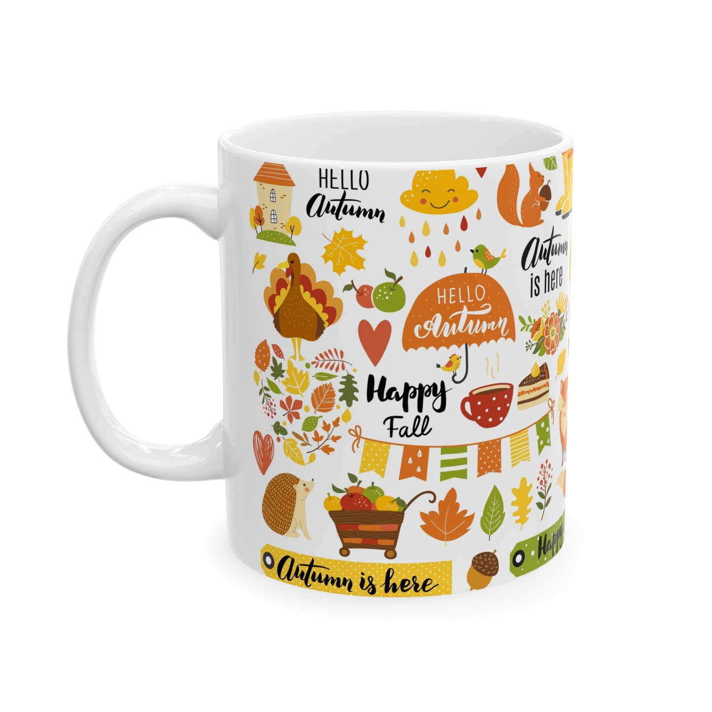 Autumn Is Here Ceramic Mug — Fall Leaves, Fox & Pumpkin Coffee Cup (11oz/15oz)