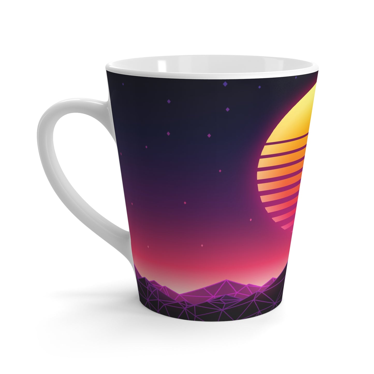 Retro Sunset Latte Mug — Vaporwave Neon Sun & Synthwave Mountains