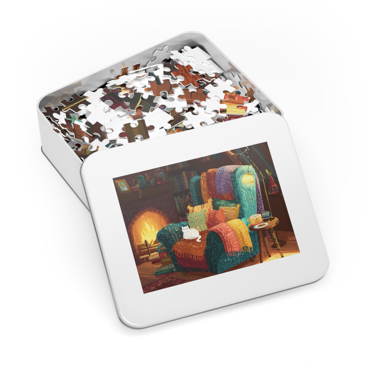Colorful Cozy Armchair With A White Cat and Fireplace Jigsaw Puzzle with Tin – 500-Piece Relaxing Reading Nook Scene