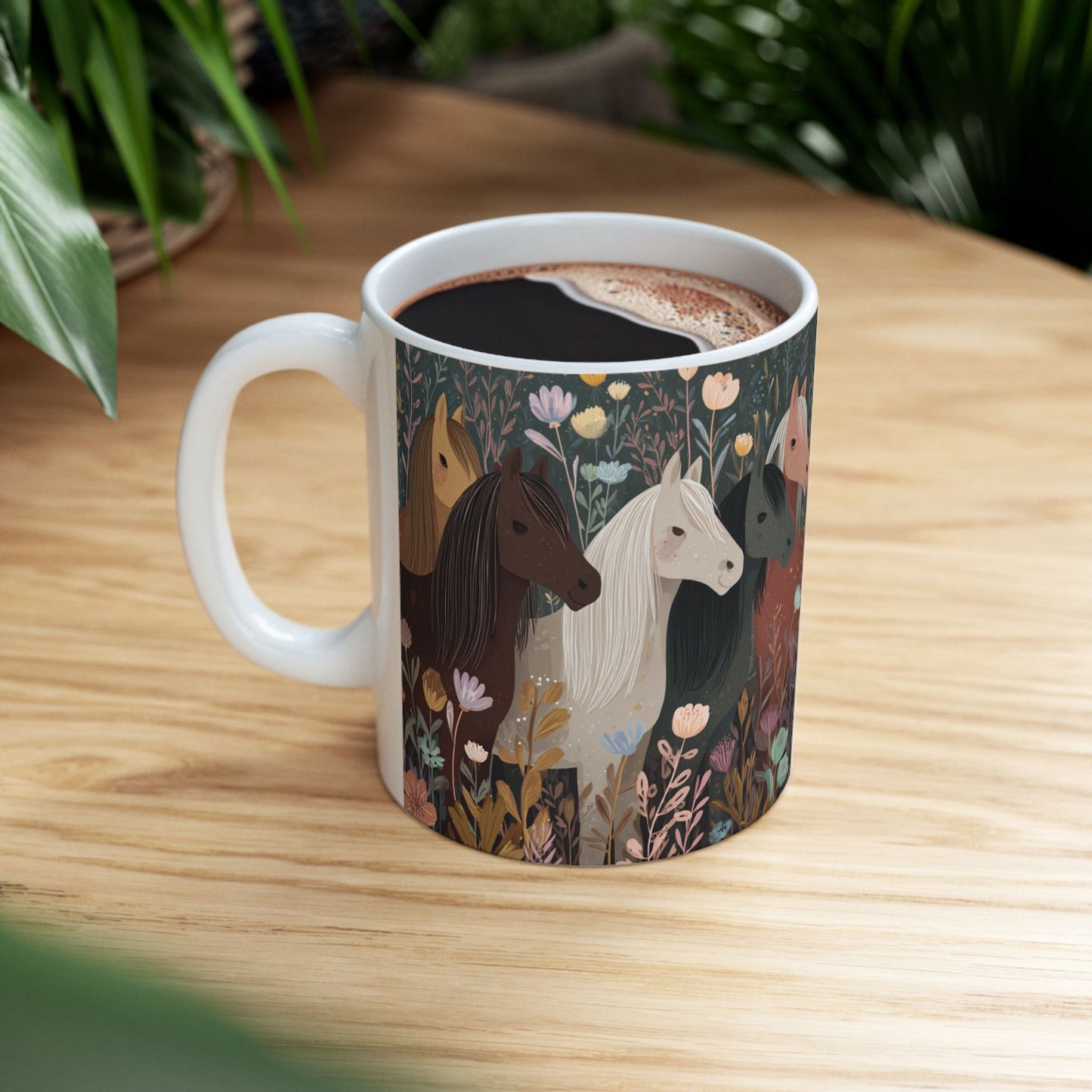 Whimsical Horse Mug, Grazing Horses in a Wildflower Field, Country Farm Coffee Cup, Equestrian Gift, Nature Lover Mug, 11oz and  15oz