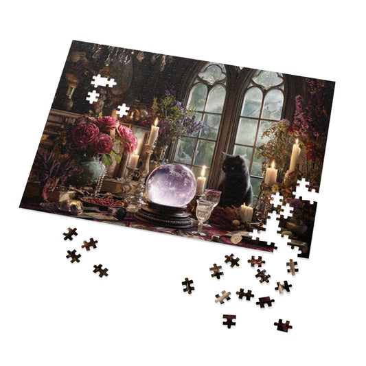 Witch's Enchanted Chamber Jigsaw Puzzle with Tin – Black Cat, Crystal Ball & Tarot Magic