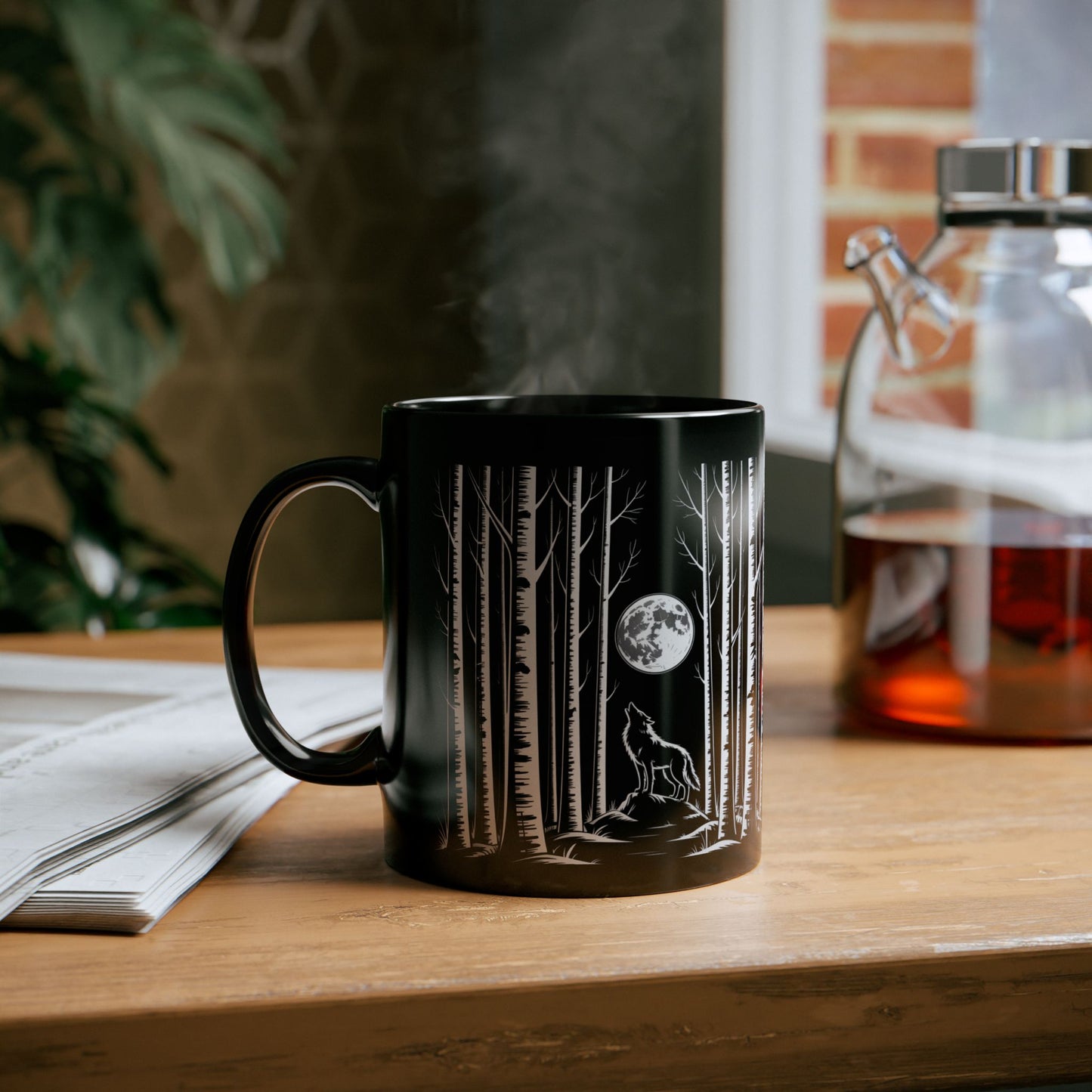 Wolf Howling at the Moon Black Mug | 11oz & 15oz | Nature Lover Gift, Cabin Decor, Camping Mug, Night Vibes, Moonlit Storytelling