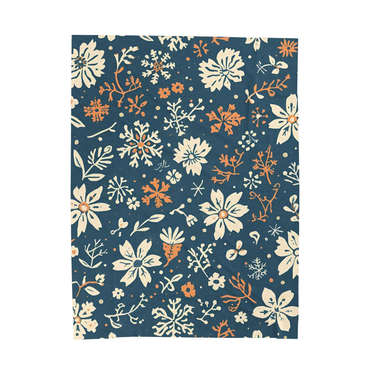 Navy Blue Snowflake Floral Velveteen Plush Blanket | Burnt Orange & Cream Winter Throw | Soft Cozy Blanket Gift Elegant Hygge Home Decor