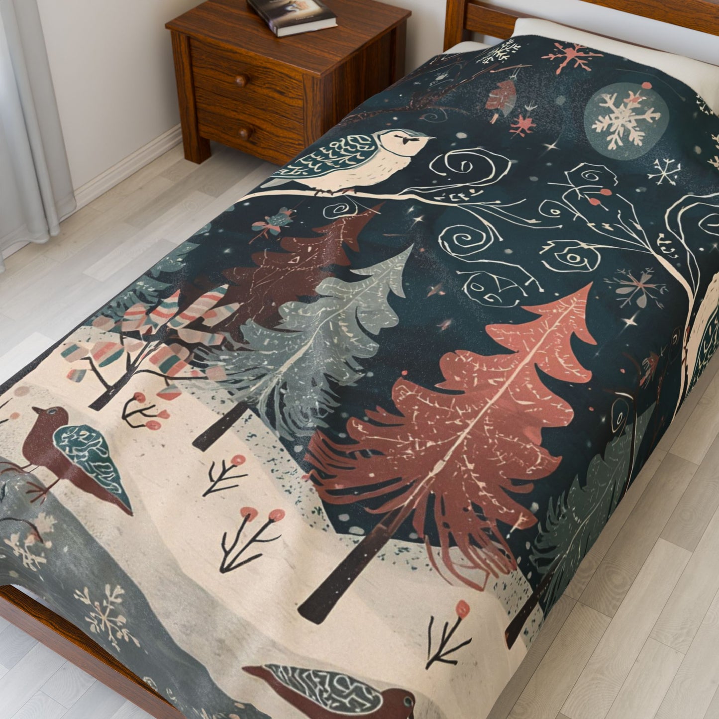 Whimsical Winter Owl Forest Velveteen Plush Blanket | Cozy Woodland Throw | Soft Plush Blanket Gift | Snowy Owl and Pine Tree Decor