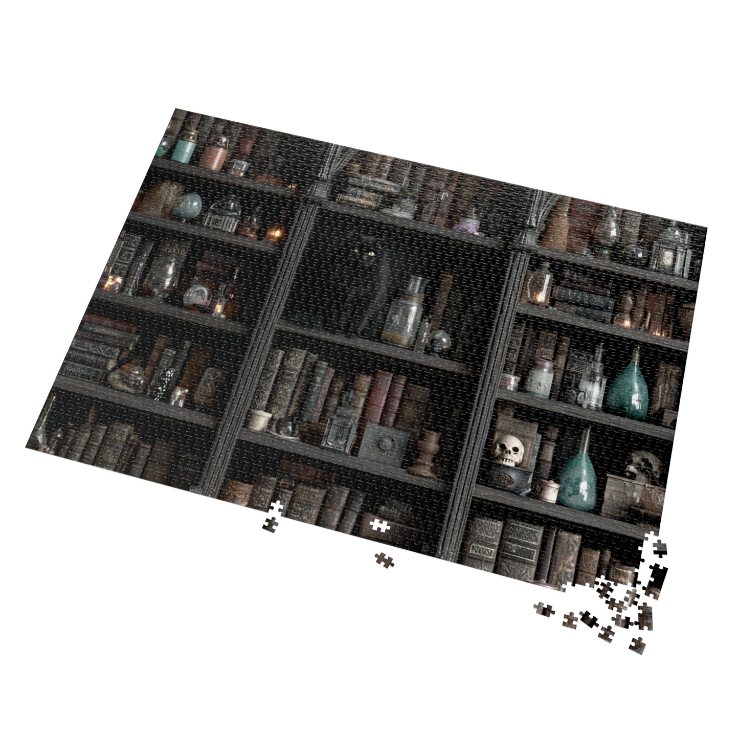 Witchs Shadowy Library Puzzle with a Black Cat, Spellbooks and Enchanted Tomes, Jigsaw Puzzle with tin,  Halloween Gift Idea