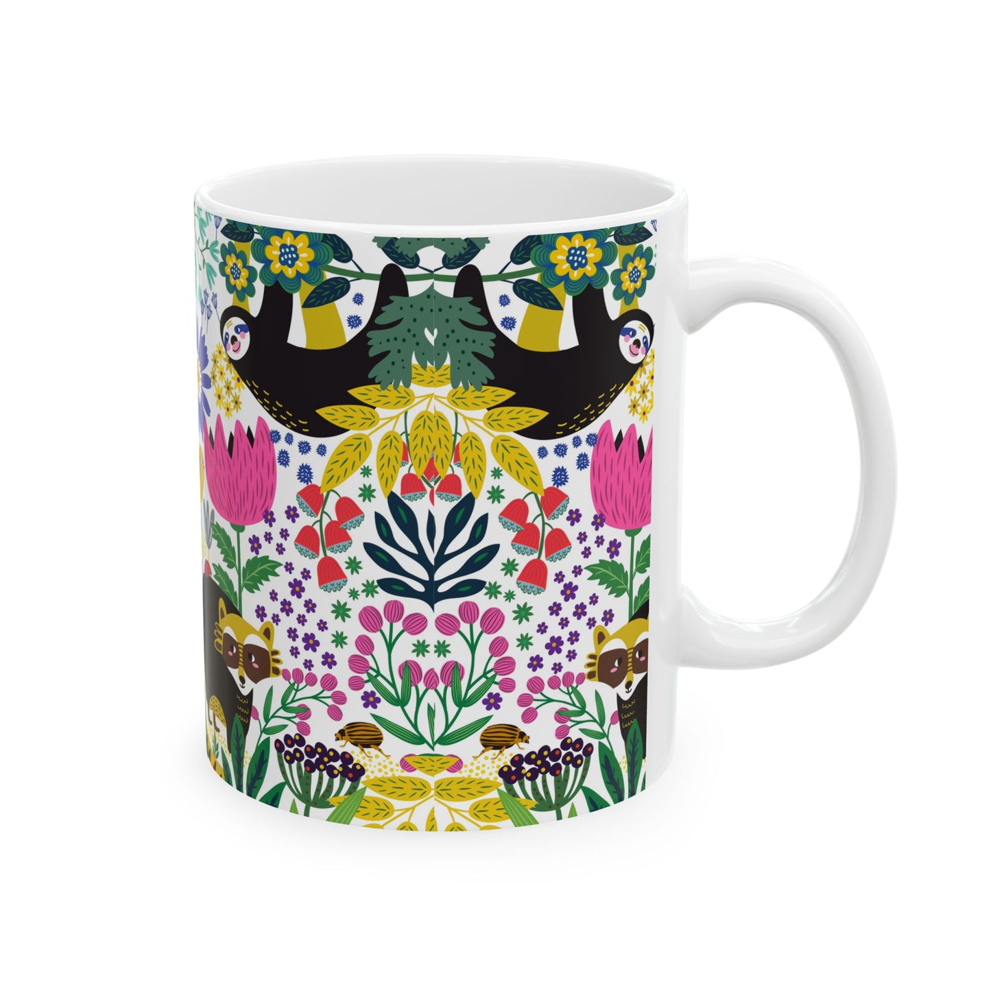 Whimsical Sloth & Raccoon Mug, Bright Floral Forest Animal Coffee Cup, Cheerful Design, 11oz and  15oz, Cute Animal Lover Gift