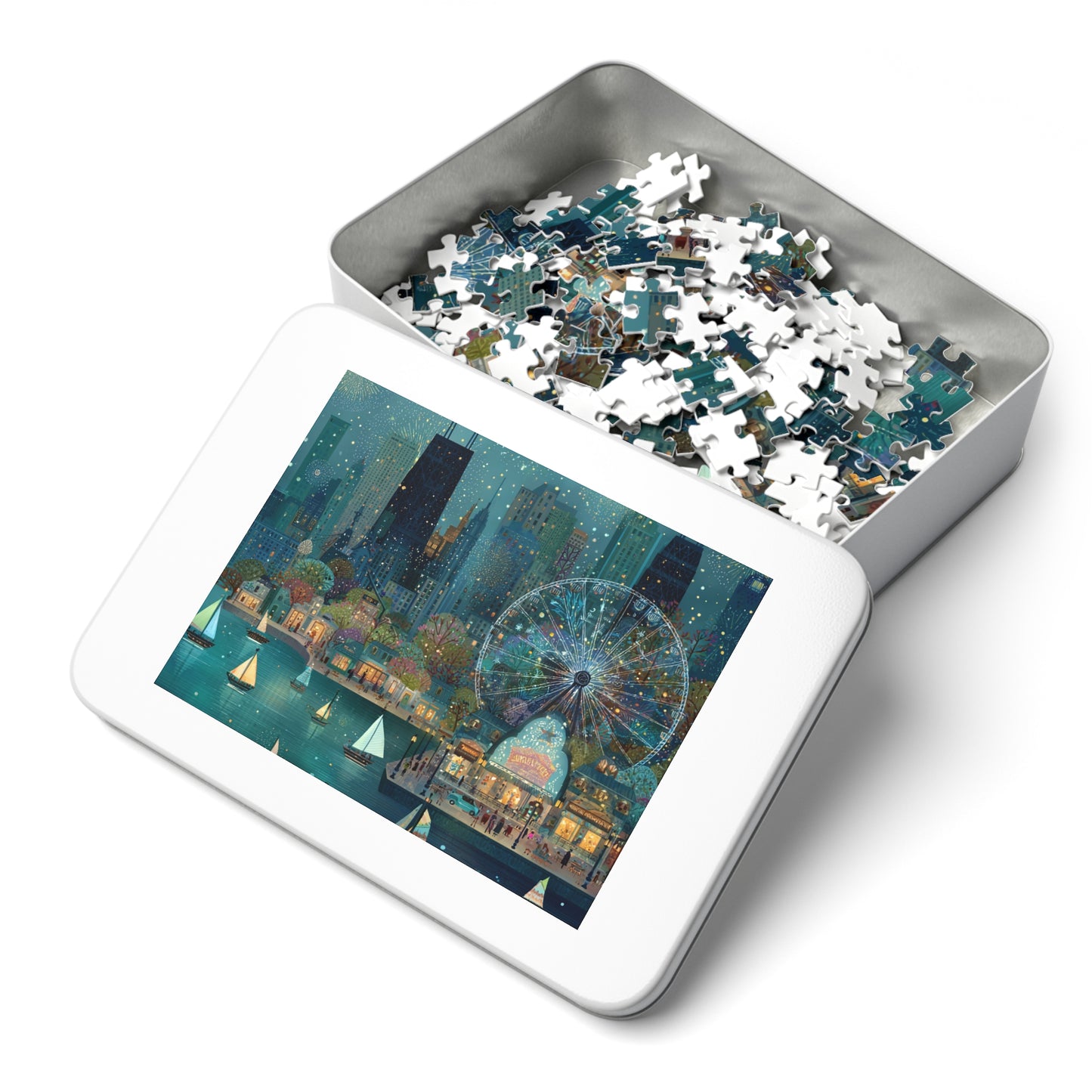 Seattle Waterfront Whimsical Jigsaw Puzzle with Tin