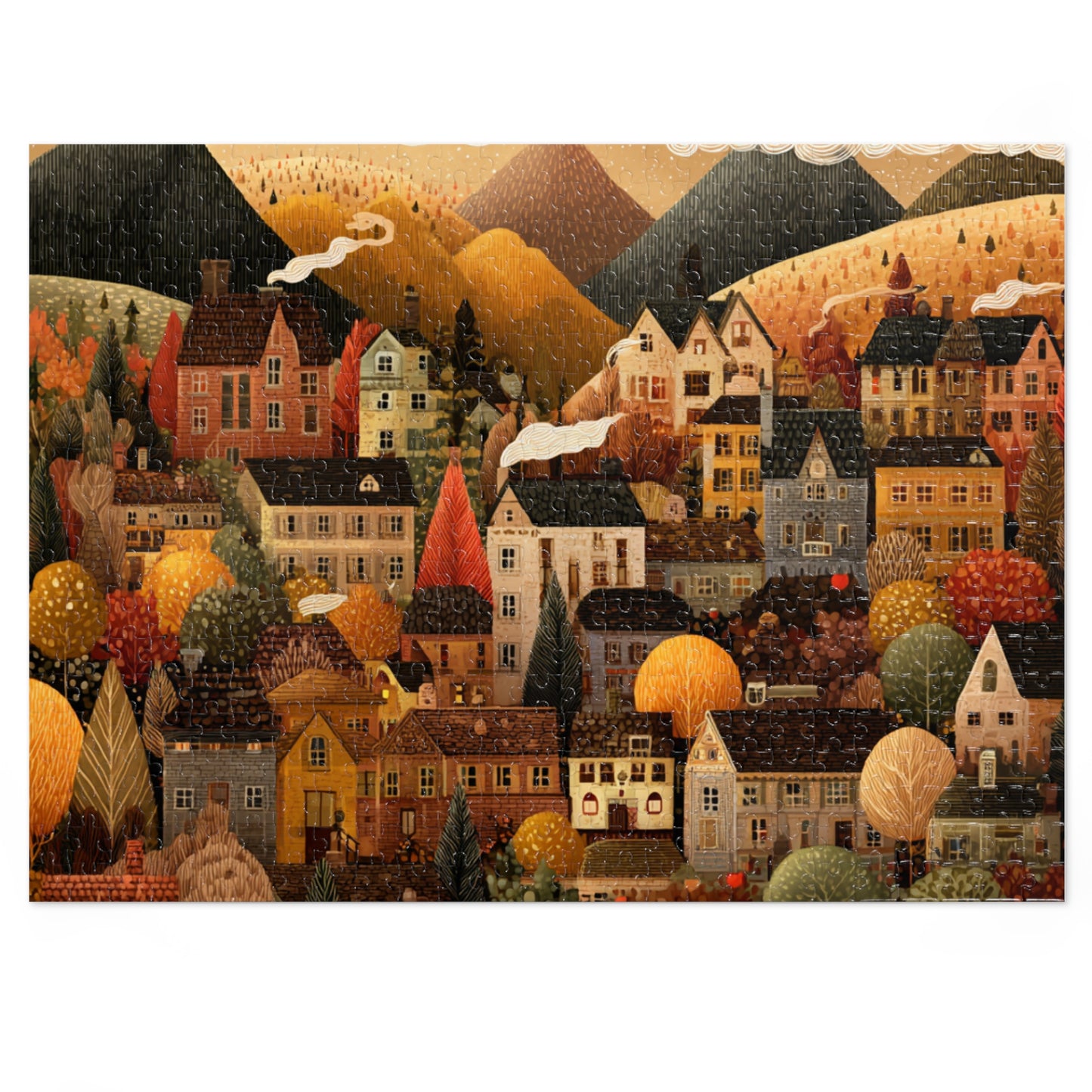 Amber Peak Village Puzzle | Tranquil Autumn Mountain Scene | Cozy Fall Jigsaw Gift | Jazz N’ Coffee Puzzles