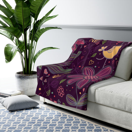 Floral Night Birds Sherpa Fleece Blanket — Cozy Purple Flower & Bird Throw