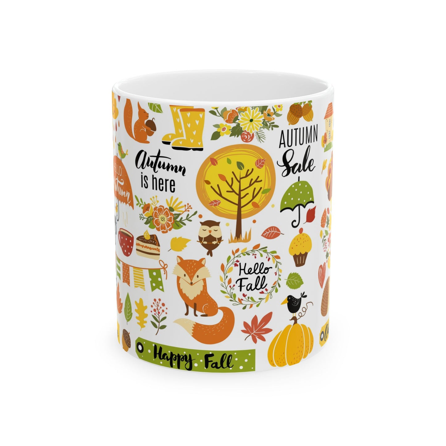 Autumn Is Here Ceramic Mug — Fall Leaves, Fox & Pumpkin Coffee Cup (11oz/15oz)