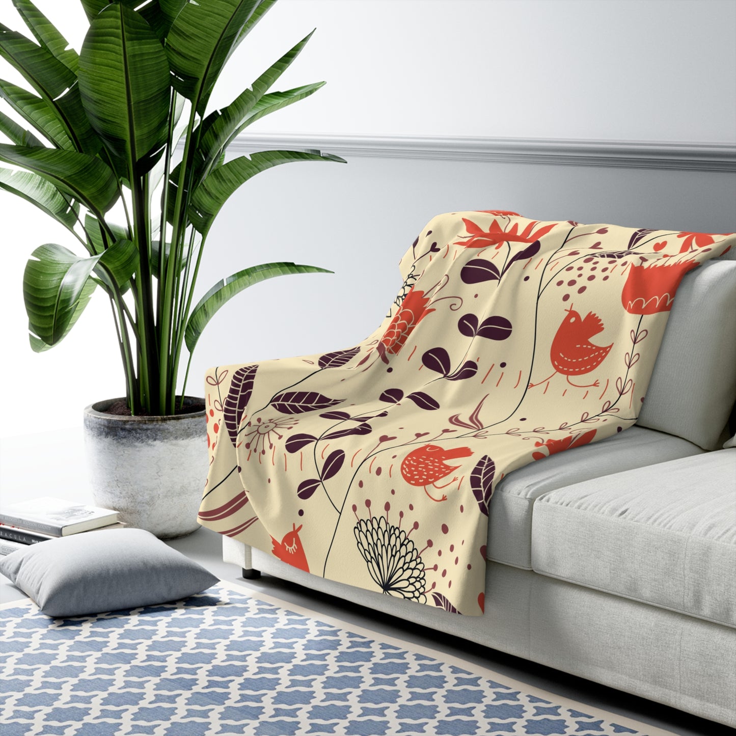 Floral Bird Sherpa Blanket — Cozy Cream Fleece with Red Wildflower & Bird Print