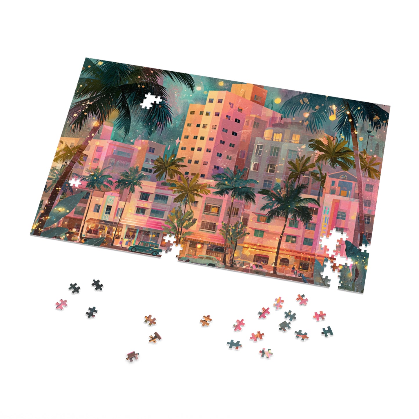 Whimsical Pastel Miami Puzzle – A Dreamy Tropical Escape-Jigsaw Puzzle with Tin
