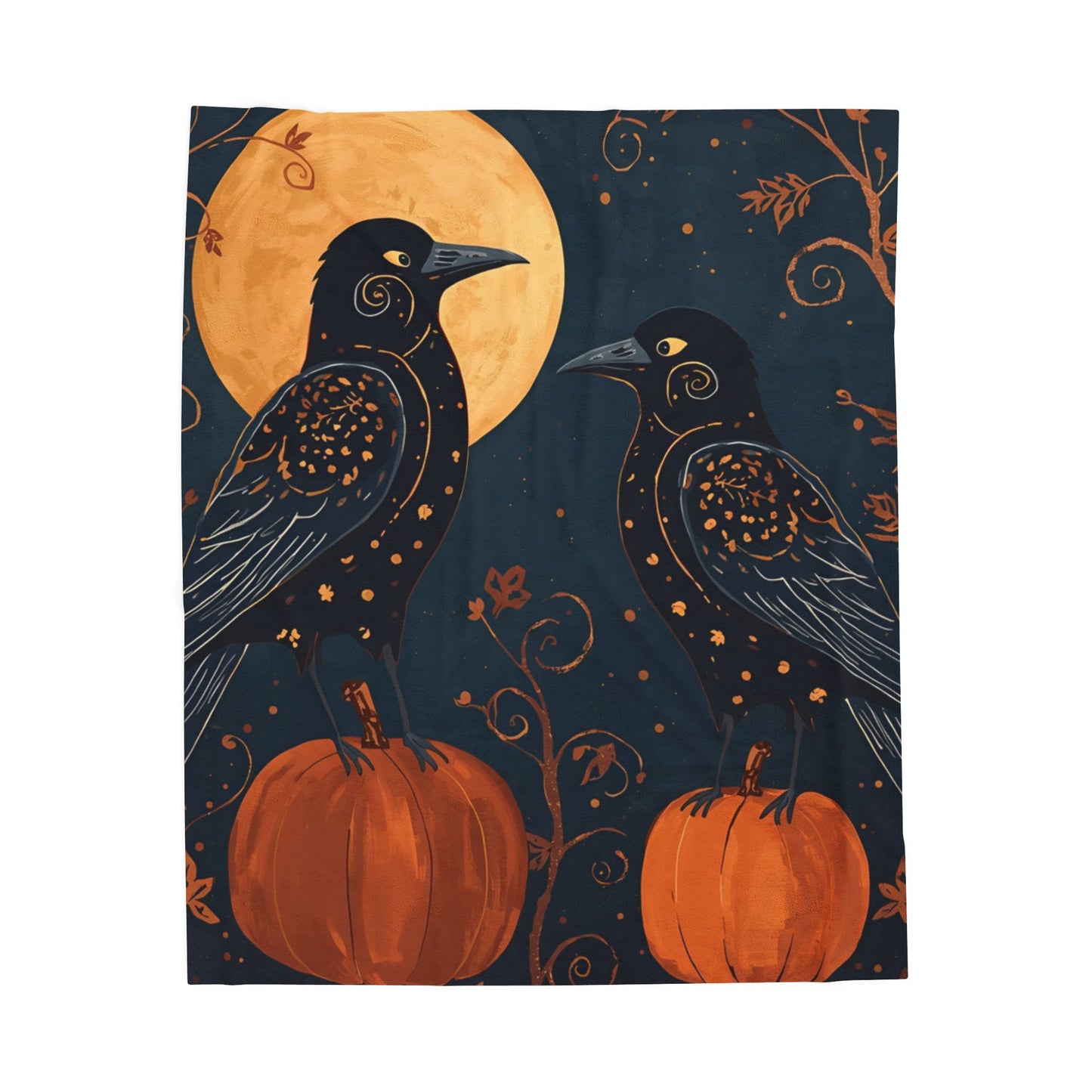 Whimsical Crows with Full Moon Velveteen Plush Blanket | Cozy Fall Throw | Warm Autumn Home Decor | Pumpkin Design