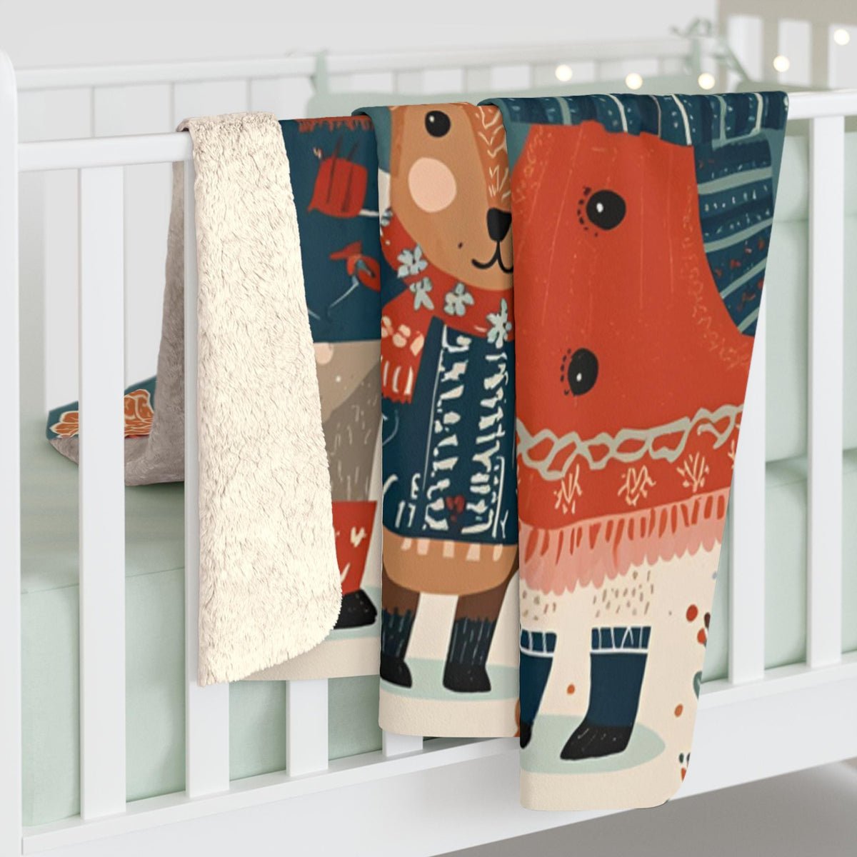 Whimsical Winter Animals Sherpa Fleece Blanket | Cozy Snow Scene Throw | Cute Dog Squirrel & Deer | Soft Plush Blanket