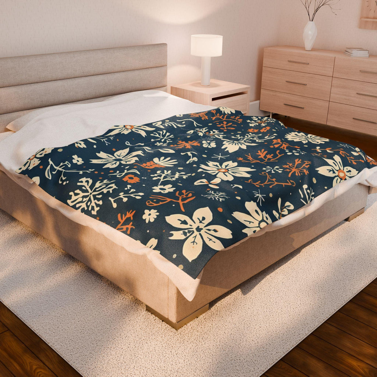 Navy Blue Snowflake Floral Velveteen Plush Blanket | Burnt Orange & Cream Winter Throw | Soft Cozy Blanket Gift Elegant Hygge Home Decor
