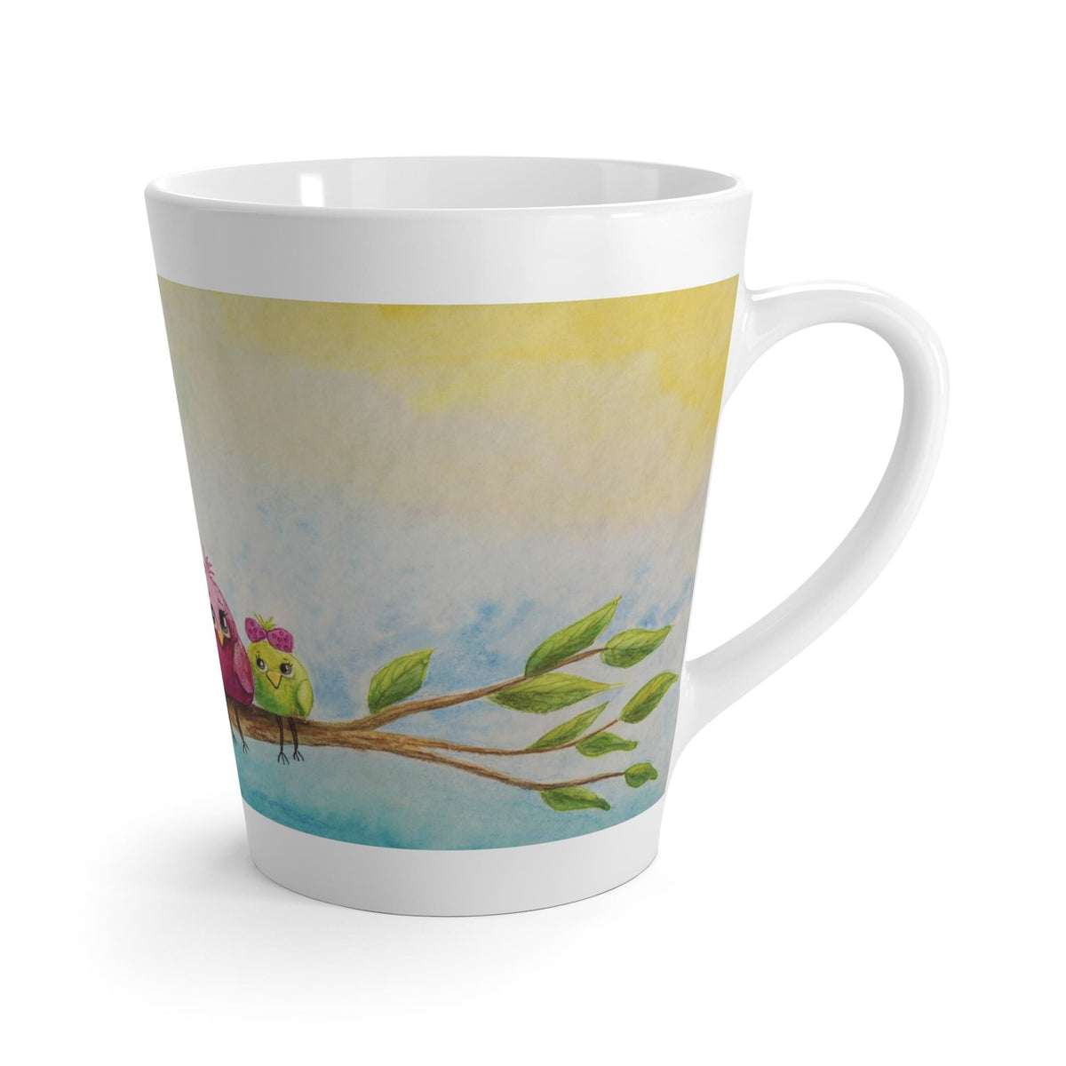 Colorful Birdhouse Latte Mug, 12oz Ceramic Mug, Bright Coffee Cup Gift for Bird Lovers and Nature Fans, Gift for Coffee or Tea Lovers