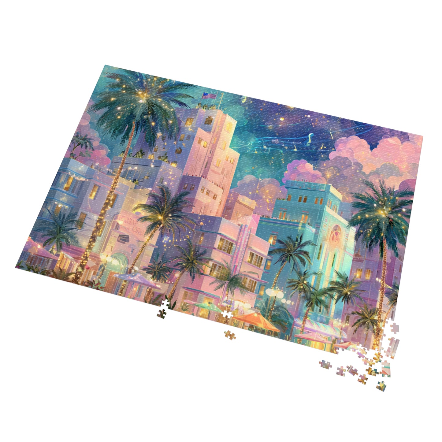 Whimsical Miami Puzzle – Colorful Tropical Cityscape-Jigsaw Puzzle with Tin