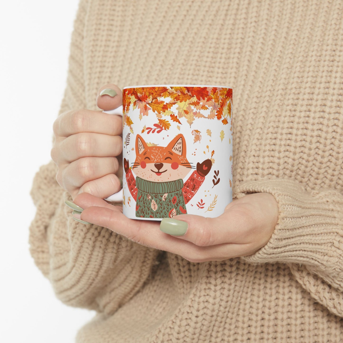Autumn Fox with Leaves Ceramic Mug | Cozy Fall Coffee Cup | Thanksgiving Gift | Fox Lover Mug 11oz / 15oz | Jazz N’ Coffee Puzzles