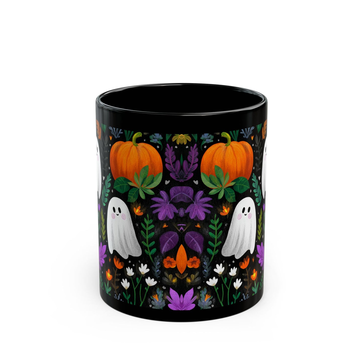 Halloween Black Mug with Cute Ghosts, Pumpkins and Flowers, 11 oz and 15 oz, Fall Decor, Spooky Gift, Autumn Mug, Halloween Celebration
