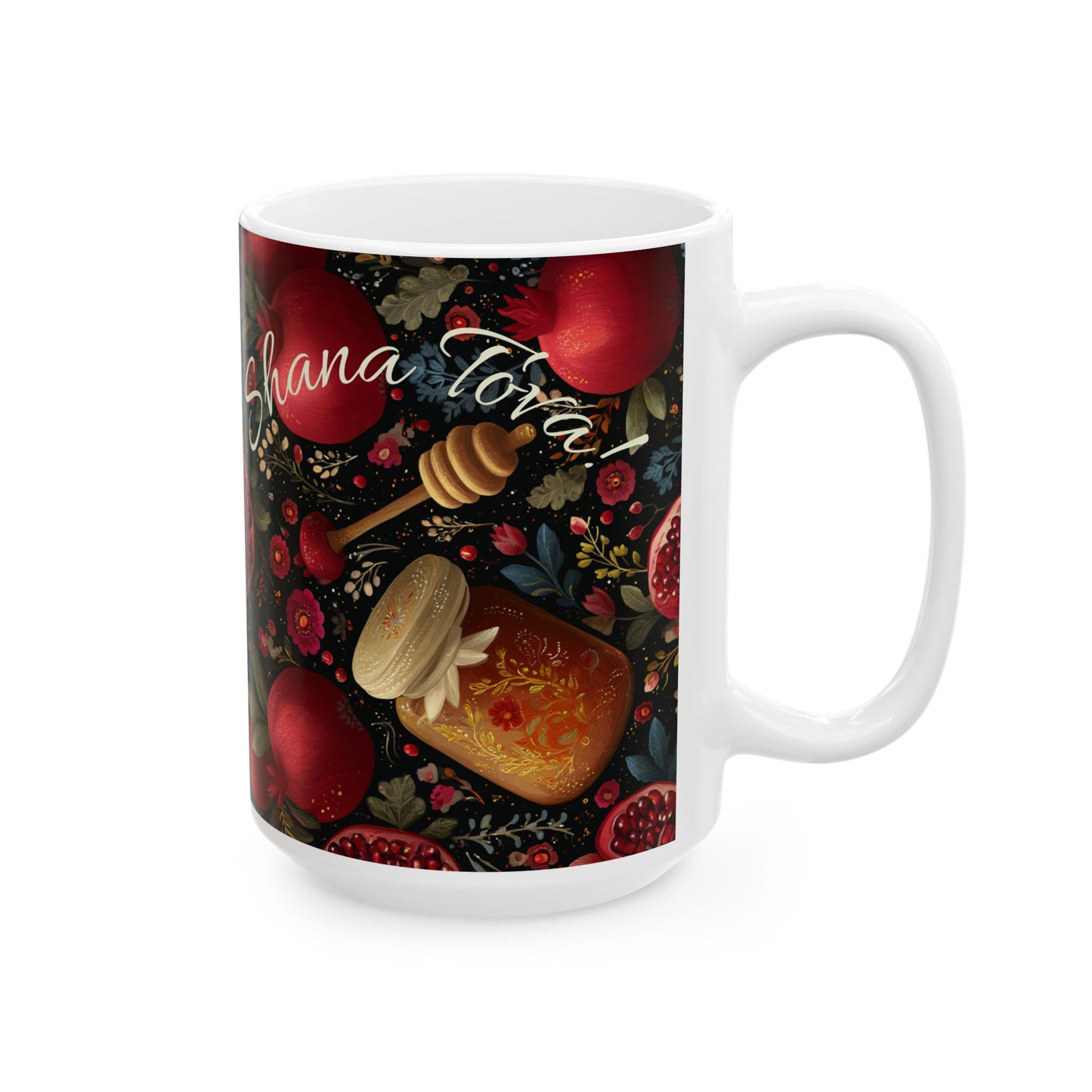 Rosh Hashanah Mug, Ceramic Cup with Honey, Apples, and Pomegranates, Sweet Jewish New Year Gift, 11oz, 15oz, and mugs