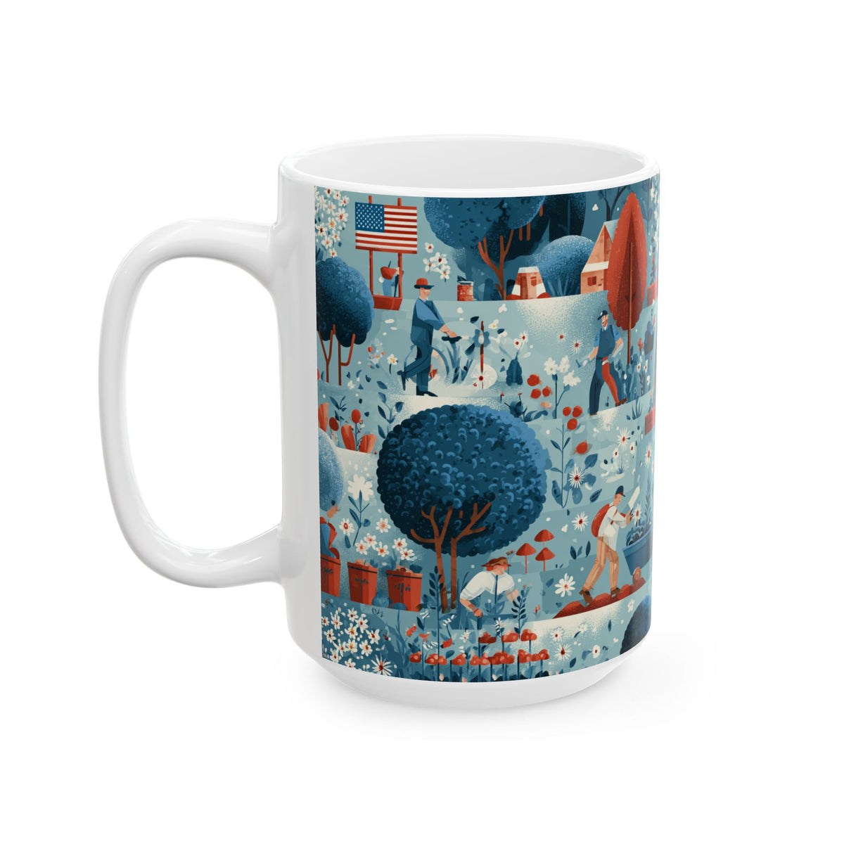 Whimsical Patriotic Mug, Red White and Blue Coffee Cup, Labor Day Gift, 11oz and 15oz Ceramic Mug