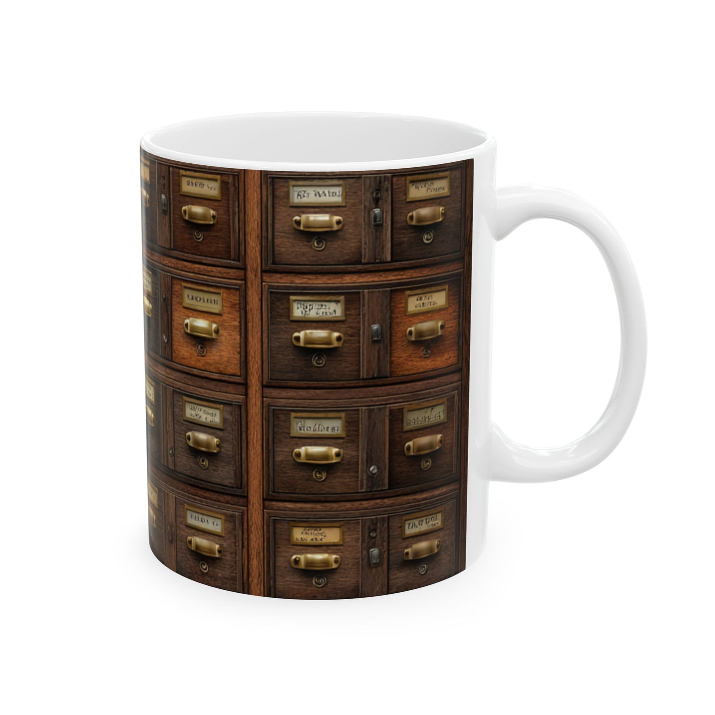 Vintage Library Card Catalog Mug — Antique Wooden Drawer Pattern Ceramic Coffee Cup (11oz/15oz)
