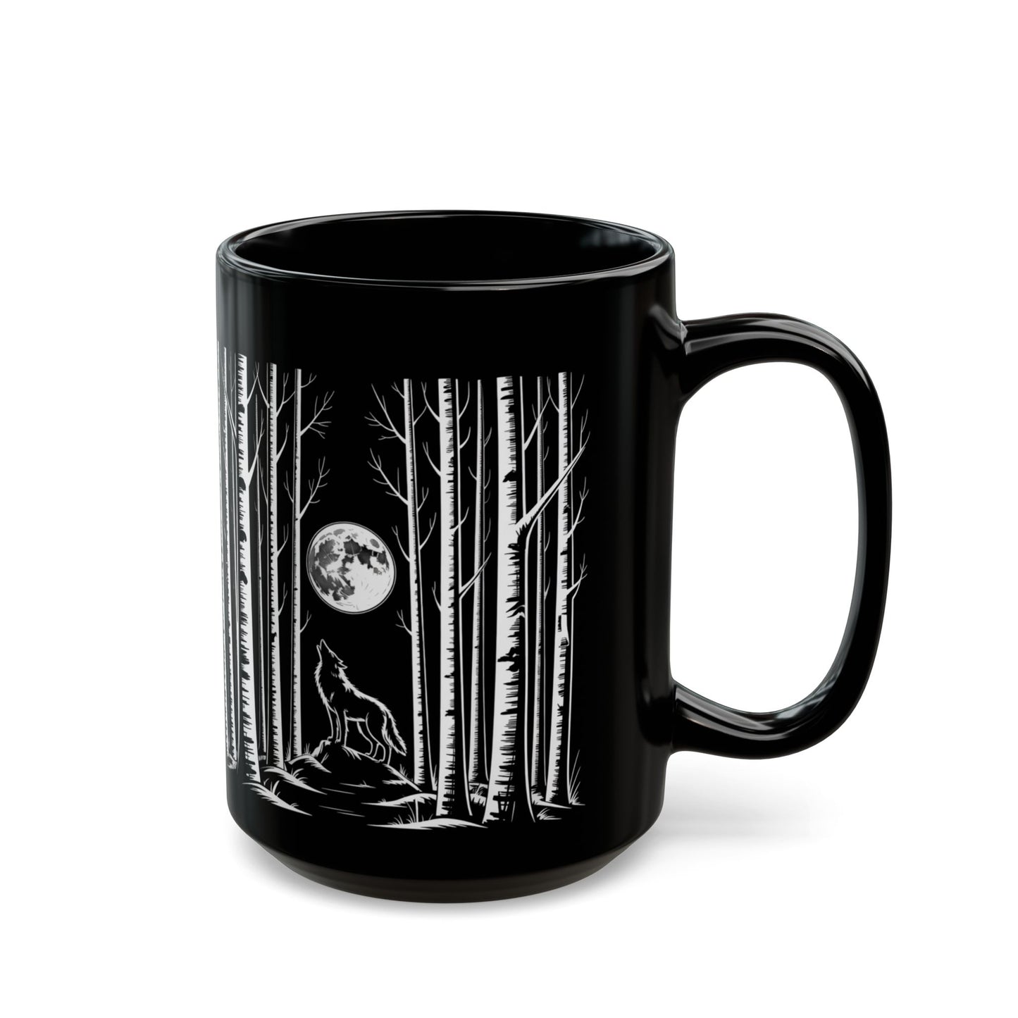 Wolf Howling at the Moon Forest Mug — Black Ceramic Coffee Cup (11oz, 15oz)