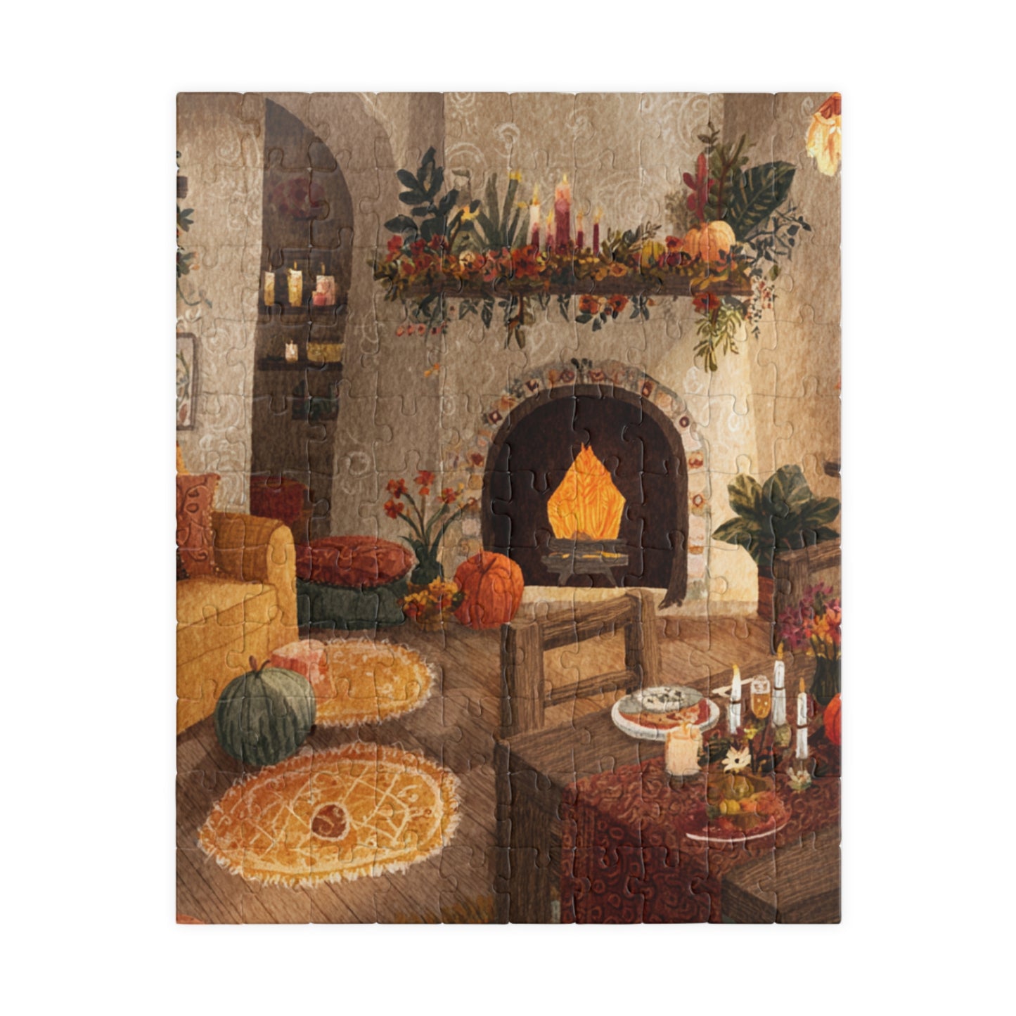 Autumn Cozy Living Room Puzzle | Glowing Fireplace Fall Decor | Cozy Seasonal Jigsaw Gift | Jazz N’ Coffee Puzzles