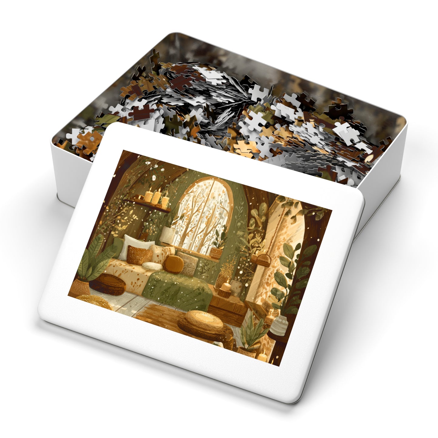 Cozy Green Nook Jigsaw Puzzle with Tin – Calming Botanical Room Scene