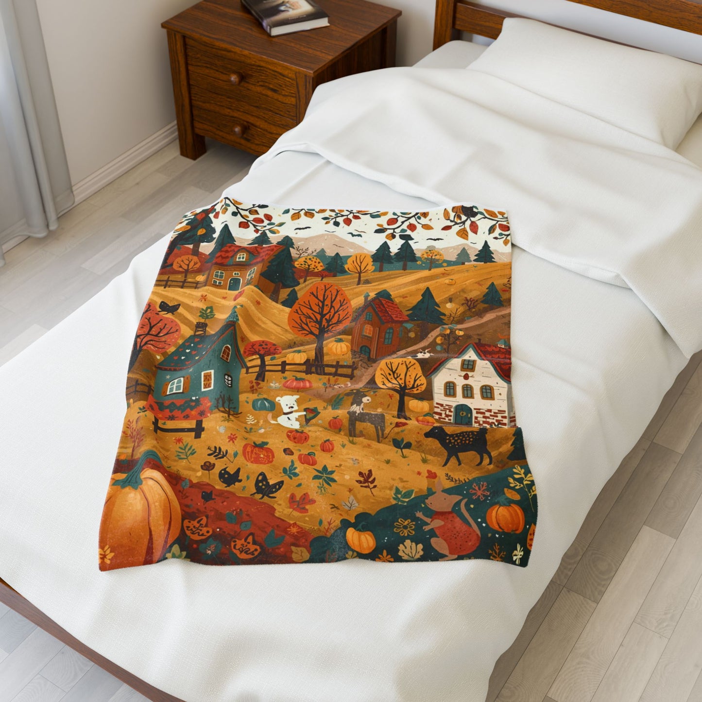 Cozy Autumn Village Velveteen Plush Blanket | Fall Harvest Throw | Soft Plush Blanket Gift | Warm Rustic Home Decor | Pumpkin Season Blanket