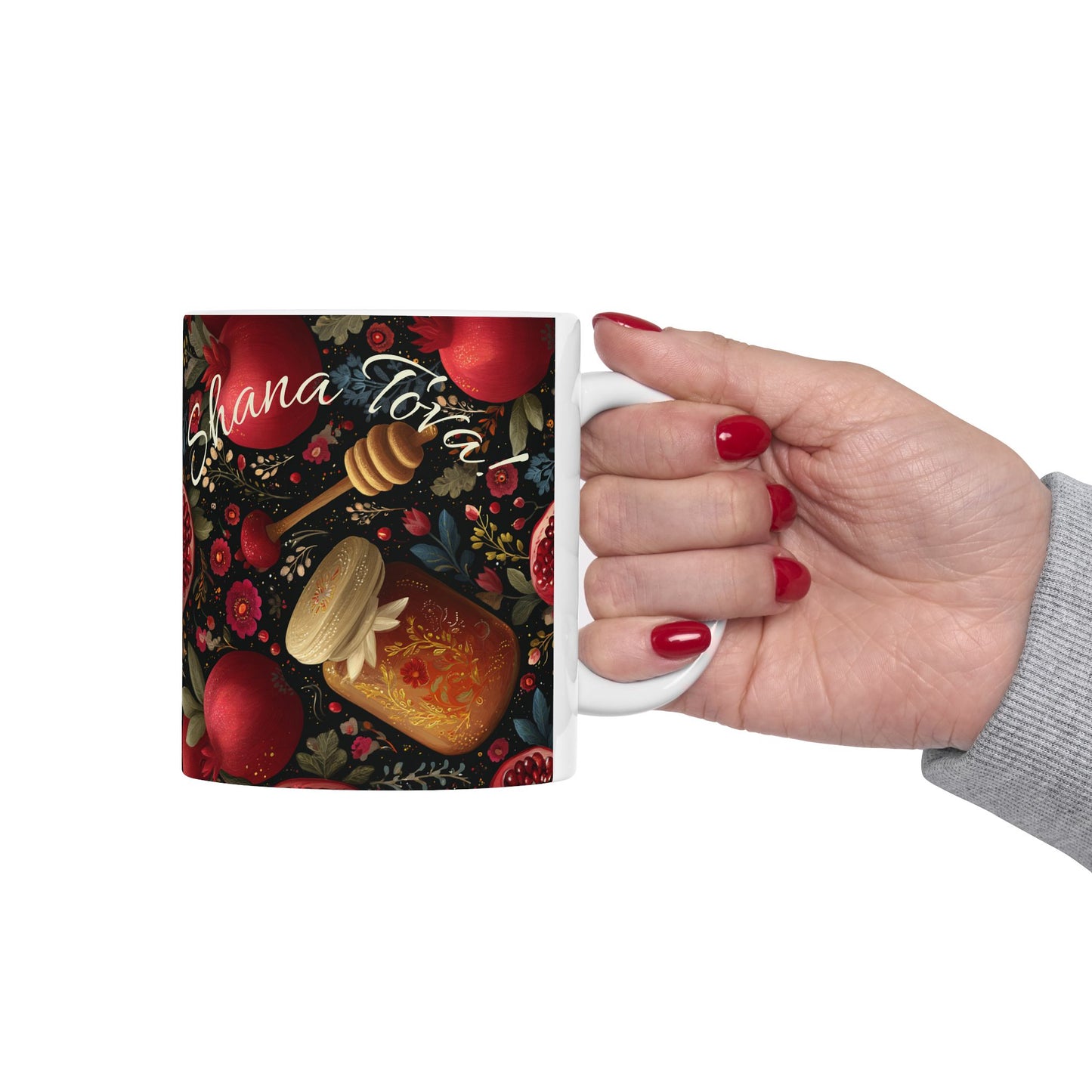Rosh Hashanah Mug, Ceramic Cup with Honey, Apples, and Pomegranates, Sweet Jewish New Year Gift, 11oz, 15oz, and mugs