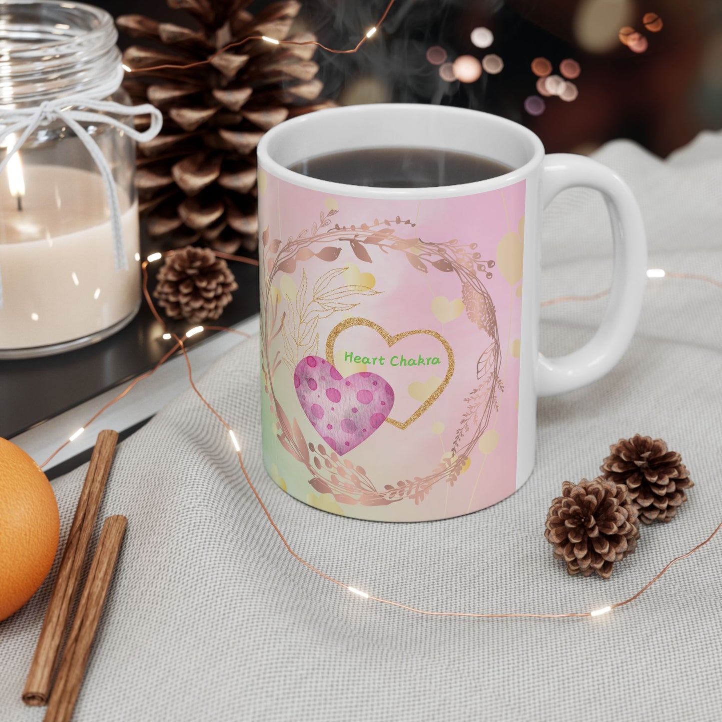 Heart Chakra Mug, Ethereal Chakra Mug Collection, Love & Compassion Coffee Mug with Heart Symbolism, Spiritual Gift, 11oz, 15oz Mug