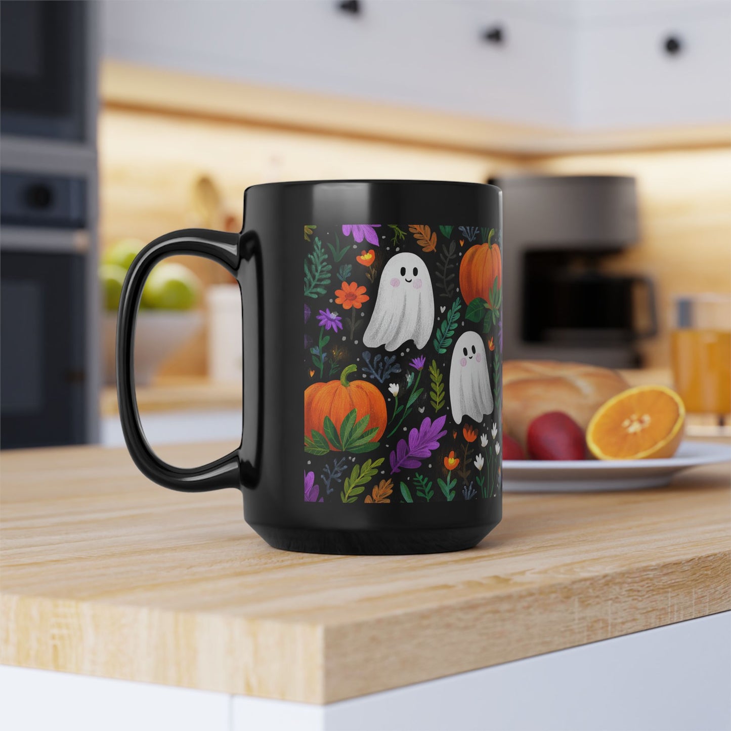 Halloween Black Mug with Cute Ghosts, Pumpkins and Flowers, 11 oz and 15 oz, Fall Decor, Spooky Gift, Autumn Mug, Halloween Celebration