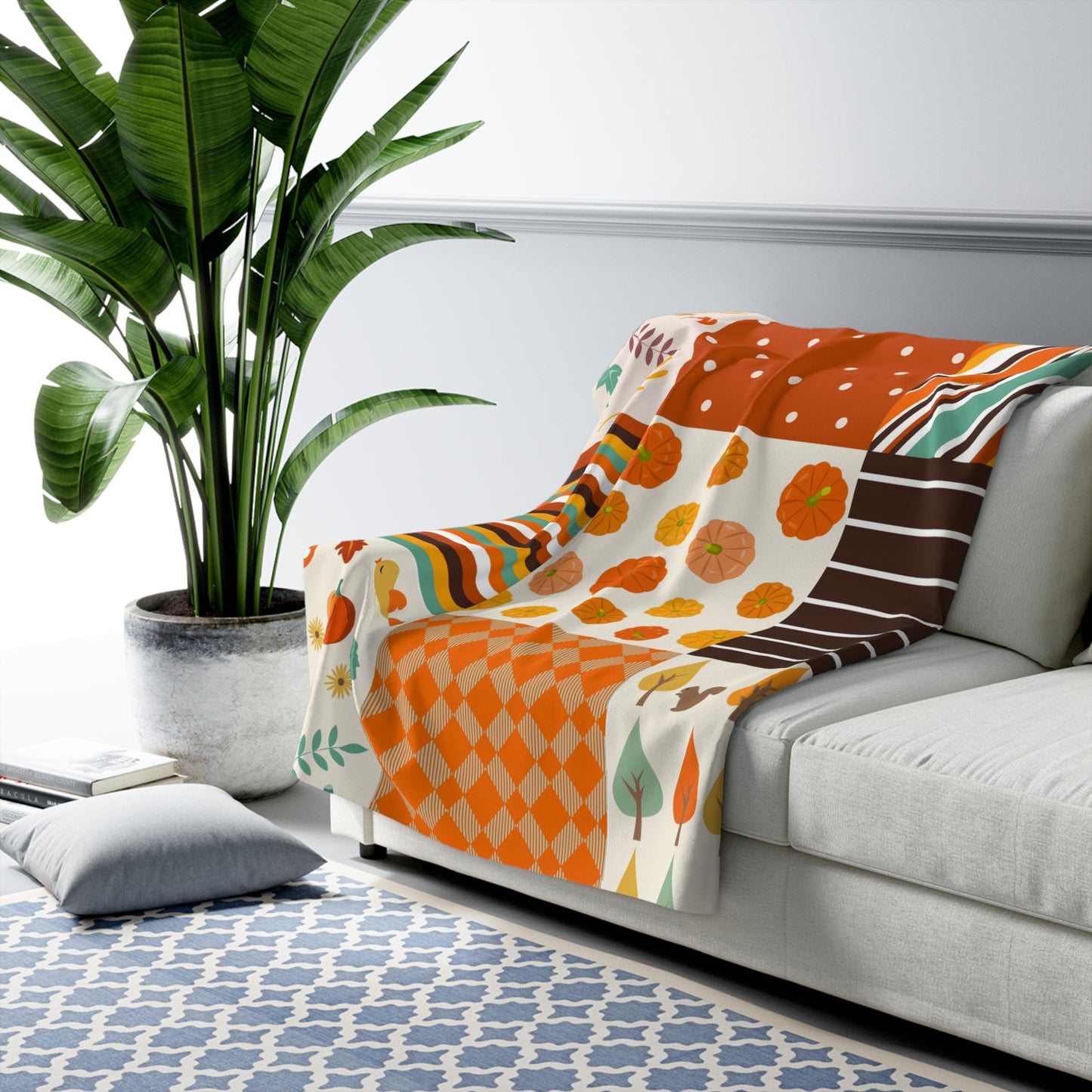 Cozy Autumn Sherpa Blanket | Pumpkin & Leaf Fleece Throw | Fall Decor Accent | Soft Plush Warm Blanket Gift | Jazz N’ Coffee Puzzles