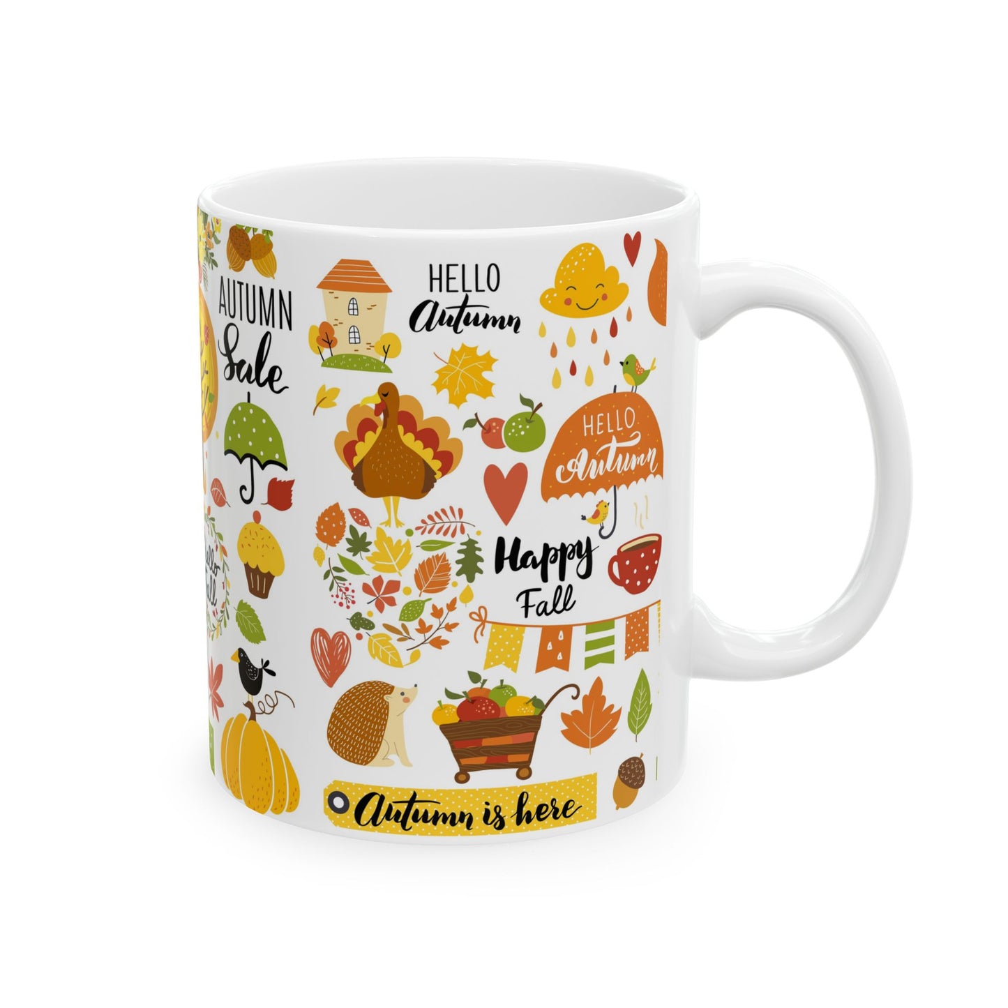 Autumn Is Here Ceramic Mug — Fall Leaves, Fox & Pumpkin Coffee Cup (11oz/15oz)