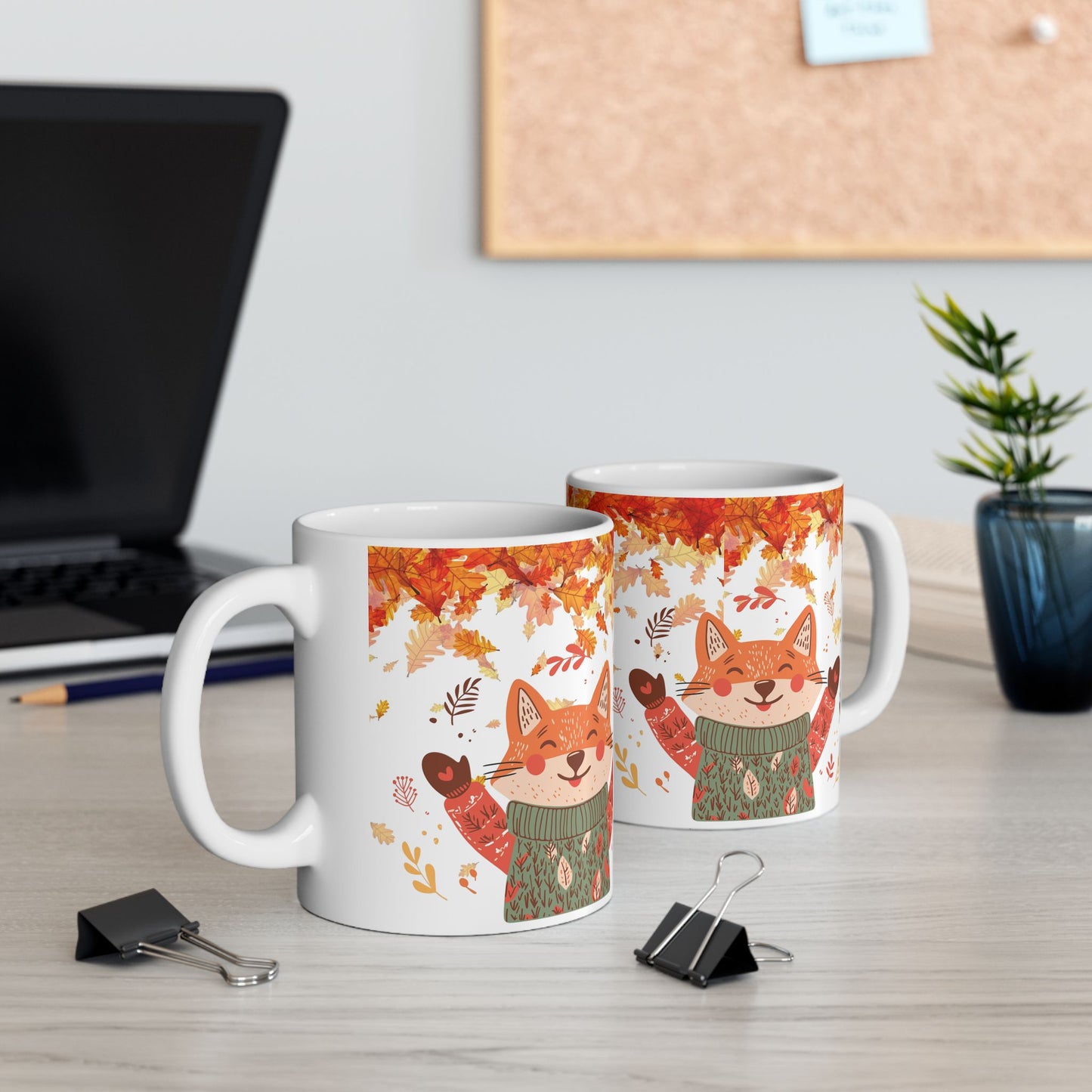 Autumn Fox with Leaves Ceramic Mug | Cozy Fall Coffee Cup | Thanksgiving Gift | Fox Lover Mug 11oz / 15oz | Jazz N’ Coffee Puzzles