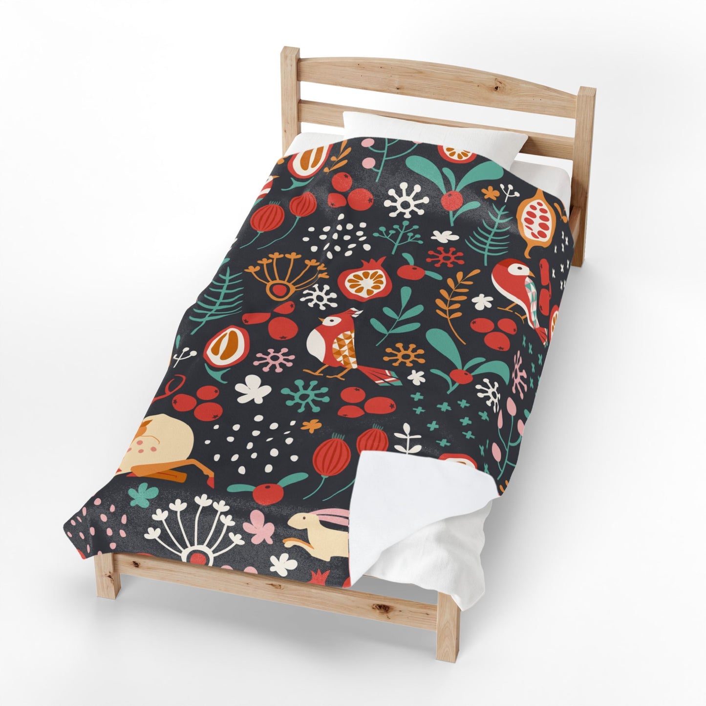 Velveteen Plush Blanket — Whimsical Forest Animals & Berries Throw