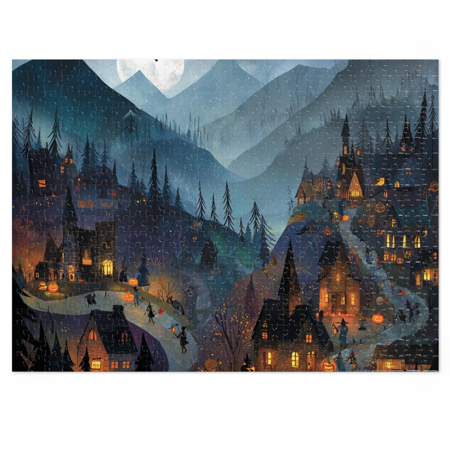 Haunted Mountain Town Puzzle, Spooky Halloween Streets and Eerie Nightscape Jigsaw Puzzle with Tin, Halloween Puzzle
