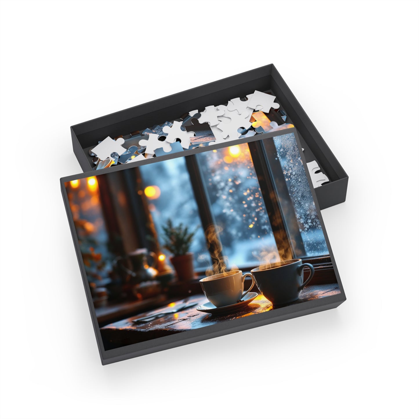 Cozy Winter Coffee Puzzle – Steaming Cups & Snowy Window Views, Perfect Holiday & Family Gift