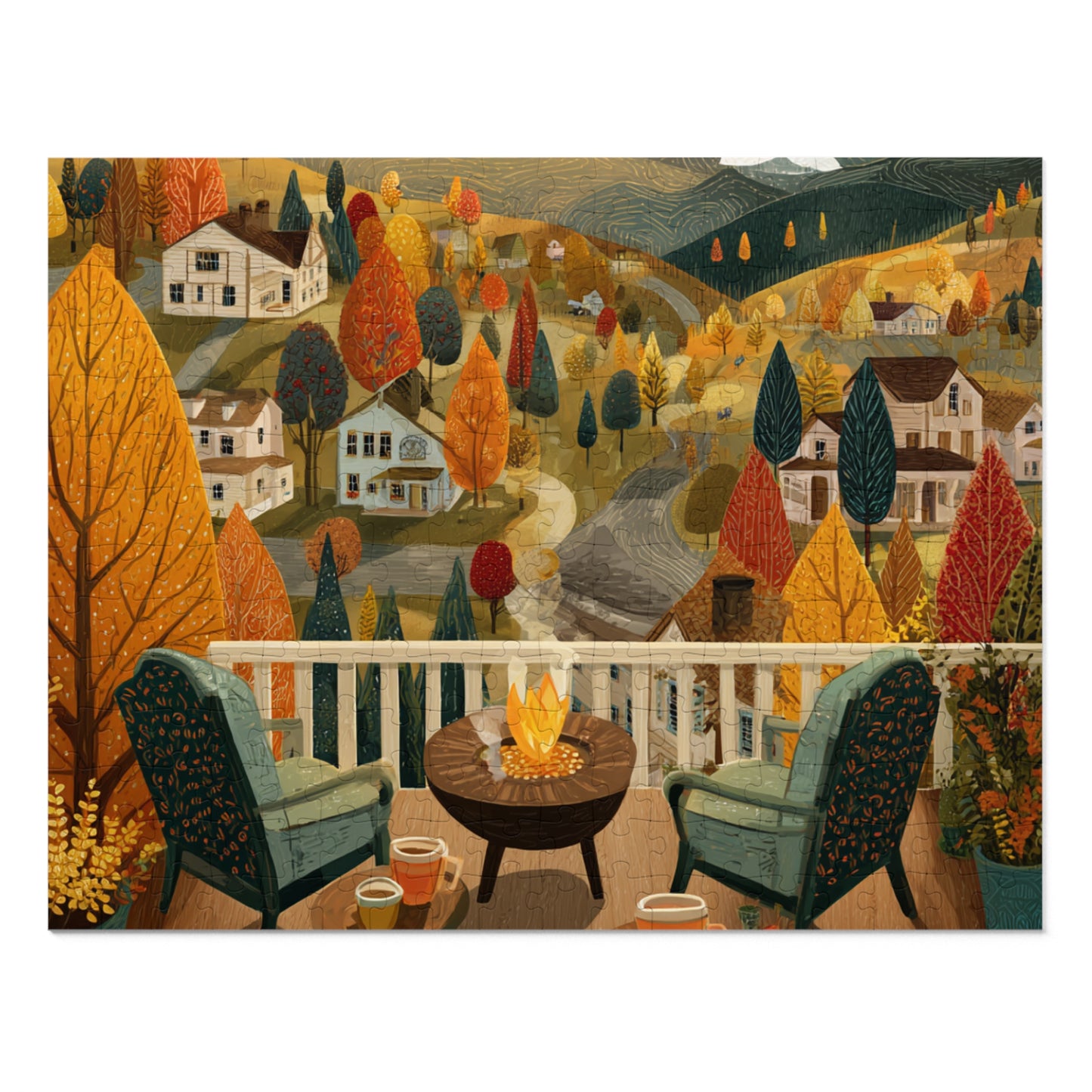 Autumn Porch Scene Jigsaw Puzzle with Tin — Cozy Fall Landscape 500pc