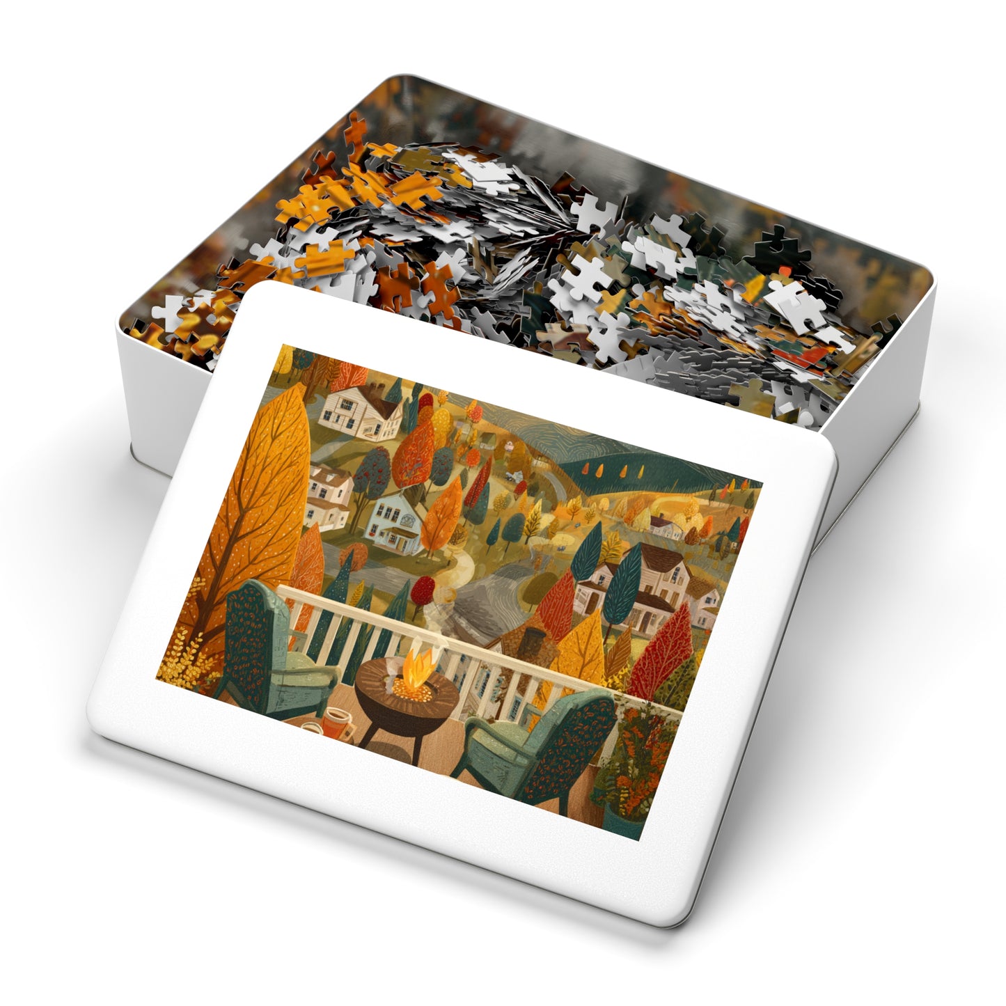Autumn Porch Scene Jigsaw Puzzle with Tin — Cozy Fall Landscape 500pc