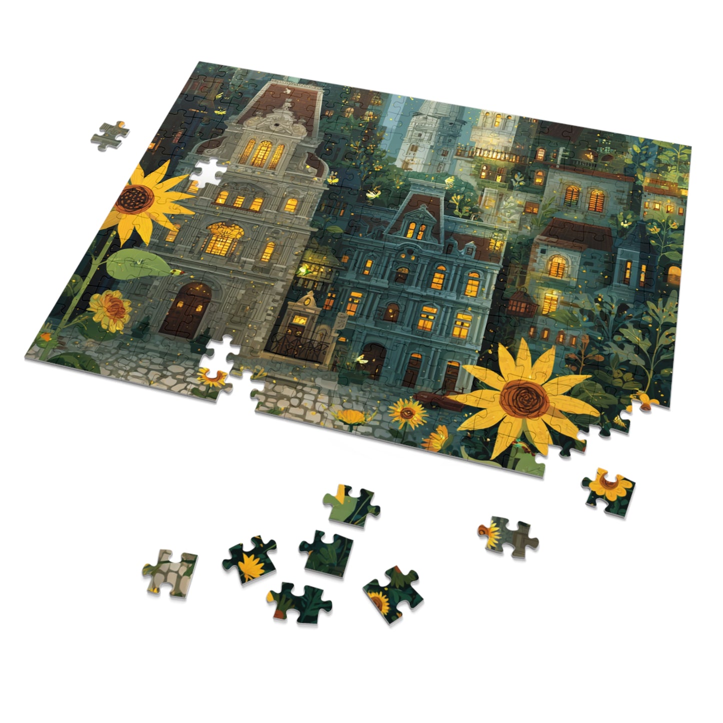 Whimsical Philadelphia Cityscape Sunflower Jigsaw Puzzle with Tin