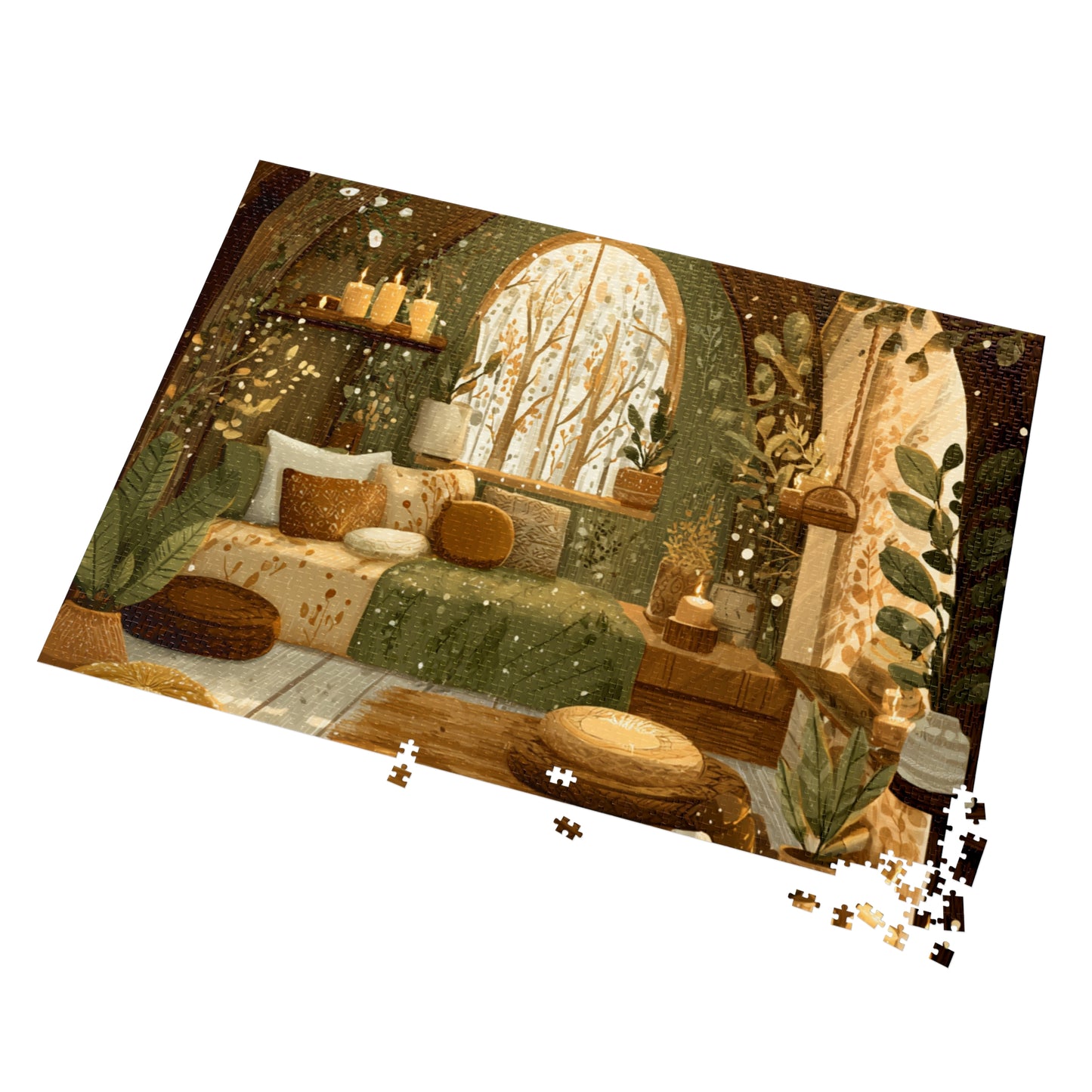 Cozy Green Nook Jigsaw Puzzle with Tin – Calming Botanical Room Scene