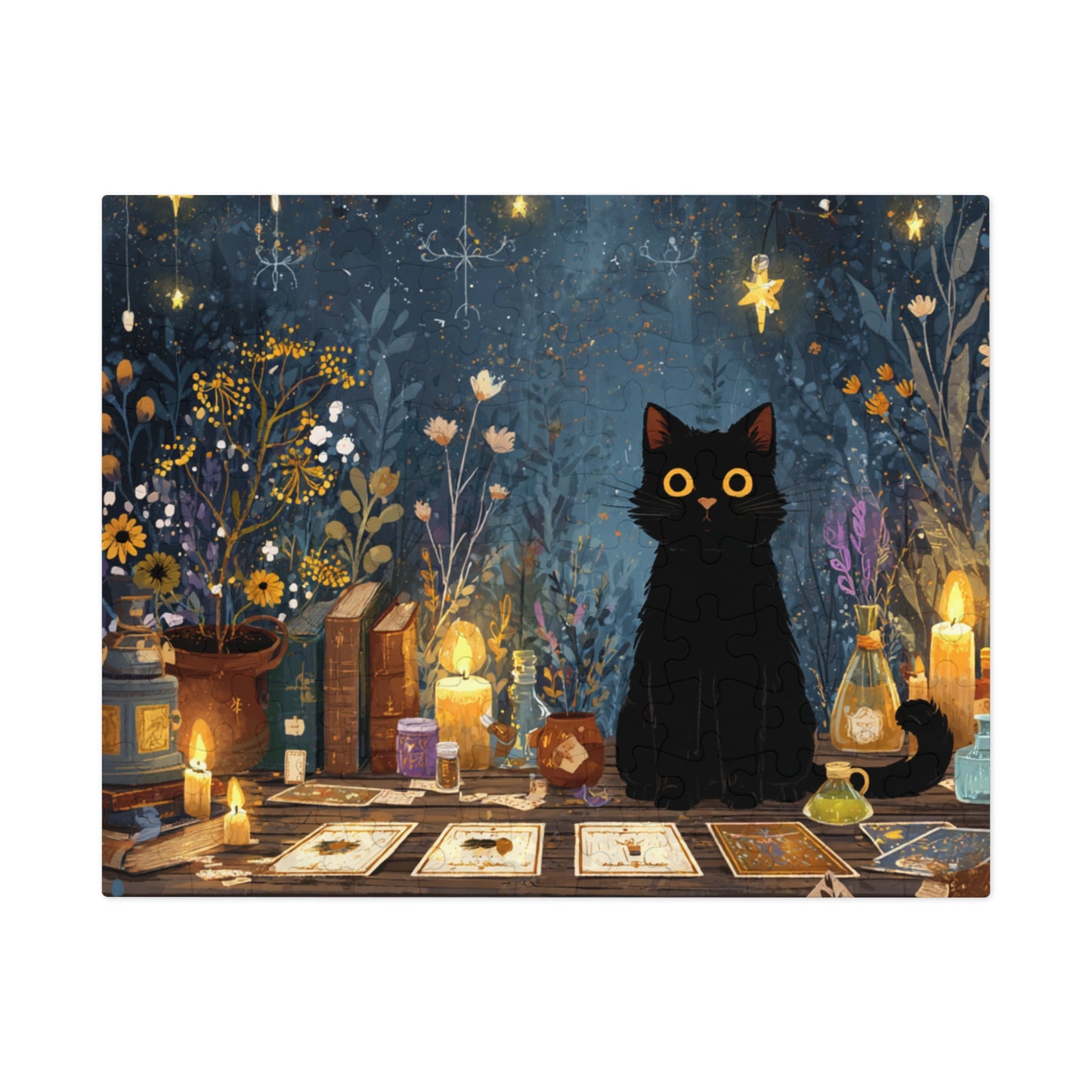 Enchanted Black Cat Puzzle with Tarot, Candles, and Spellbinding Herbs in A Gift Tin. Gift for Cat lovers, Halloween Gift Puzzle