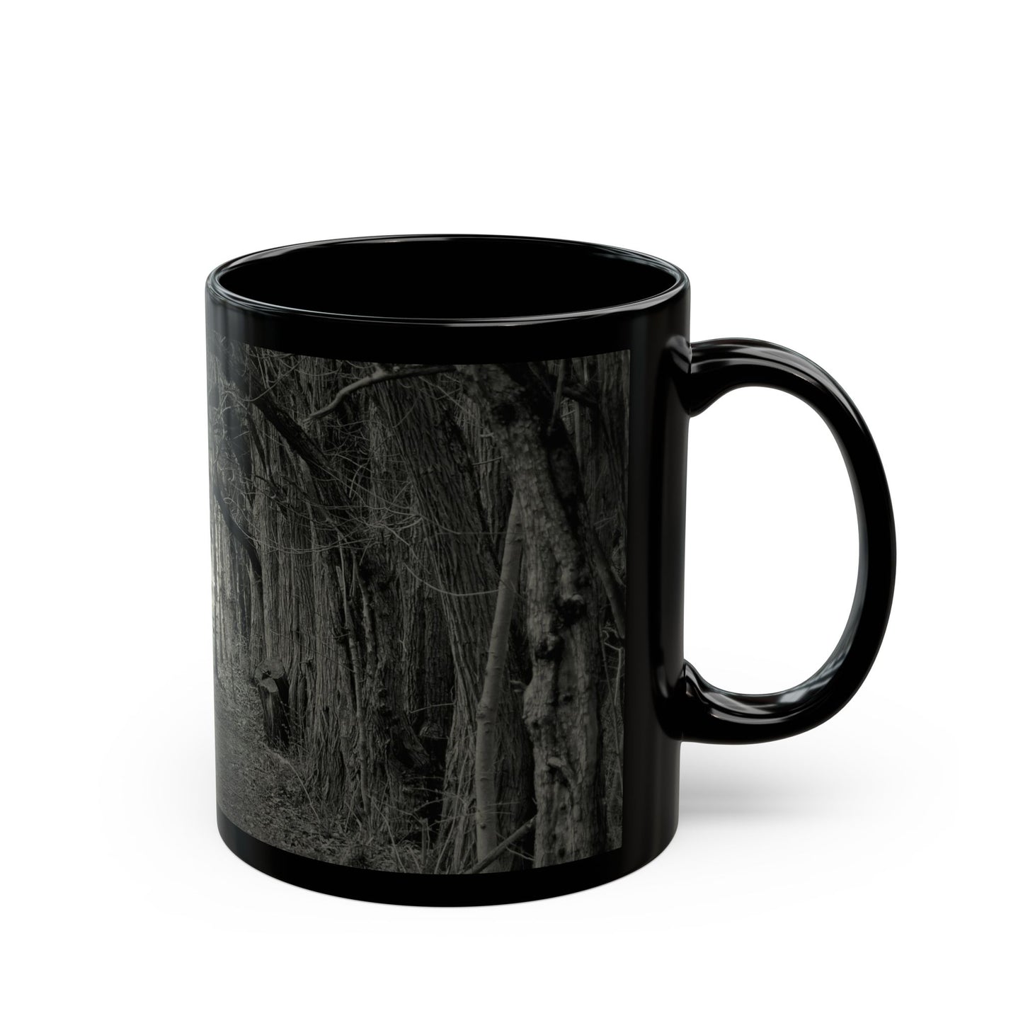 Black Ceramic Mug — Gothic Moody Forest Tunnel Photography (11oz & 15oz)
