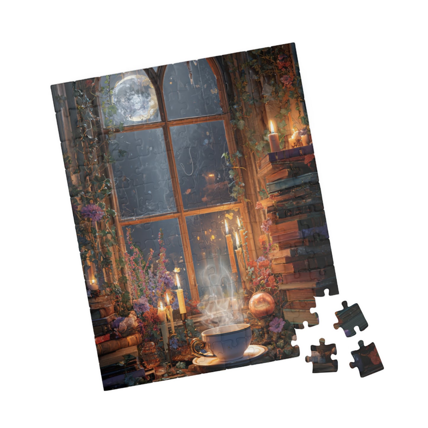 Moonlit Witchs Den Puzzle with Spellbooks, Herbal Remedies and Candlelit Magic Jigsaw Puzzle, Witchy Puzzle, Halloween Puzzle