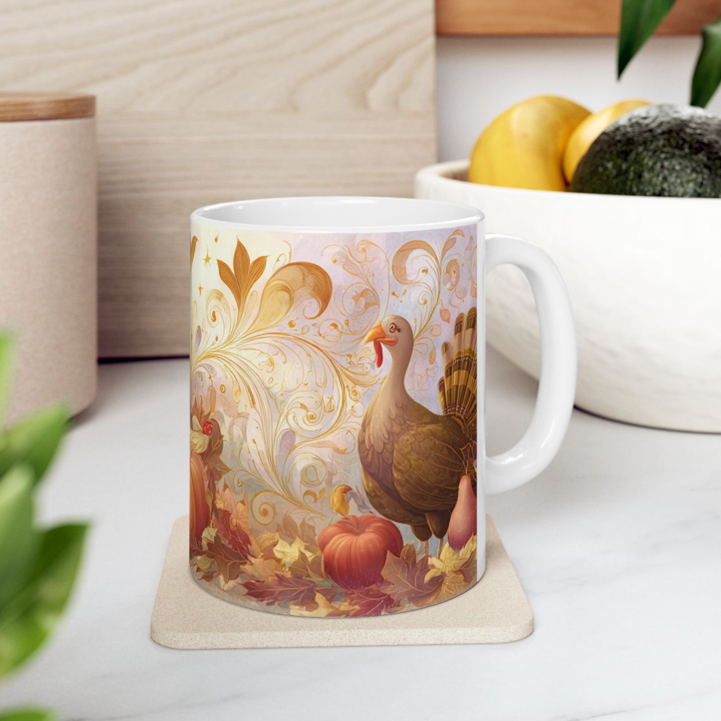 Whimsical Thanksgiving Mug, Pumpkin & Turkey Design, Autumn Coffee Cup, Festive Fall Decor, Harvest Gift, 11 oz and 15 oz Mugs